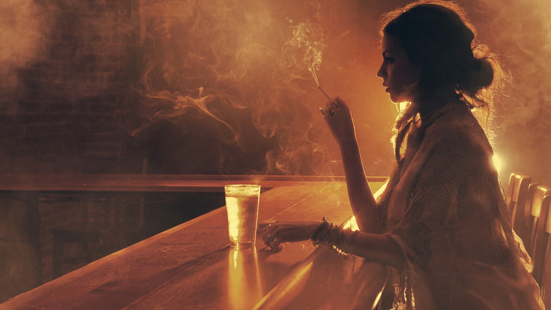 drink, cigarette, social issues, woman, glass, drinking, young adult, lit, photography, smoke, bar, one person, contemplation, side view, refreshment, 1080P, HD Wallpaper