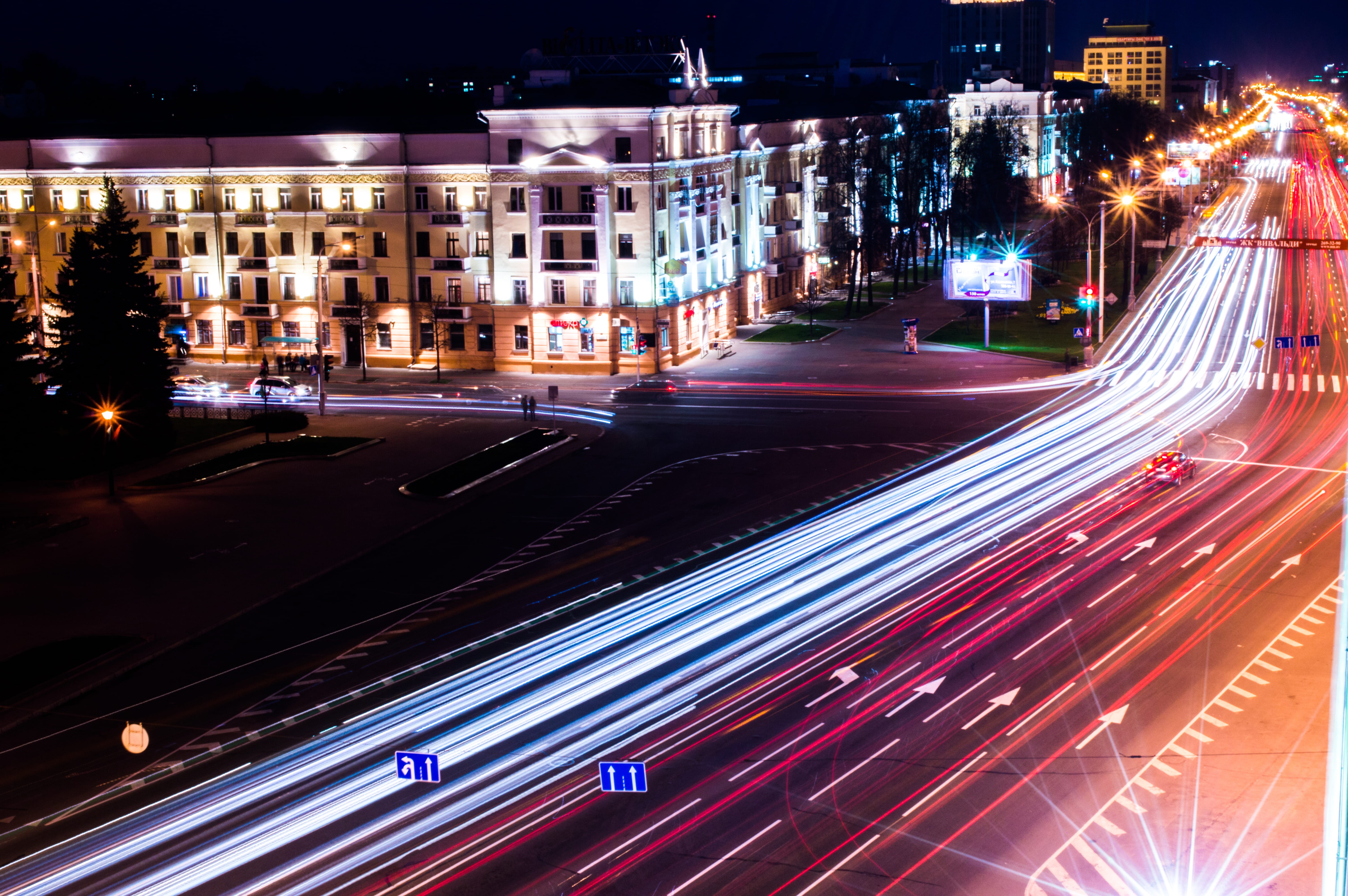 no people, nightlife, 5K, traffic, city, outdoors, motion, road, illuminated, main road, mode of transportation, night, avenue, city street, street, blurred motion, HD Wallpaper