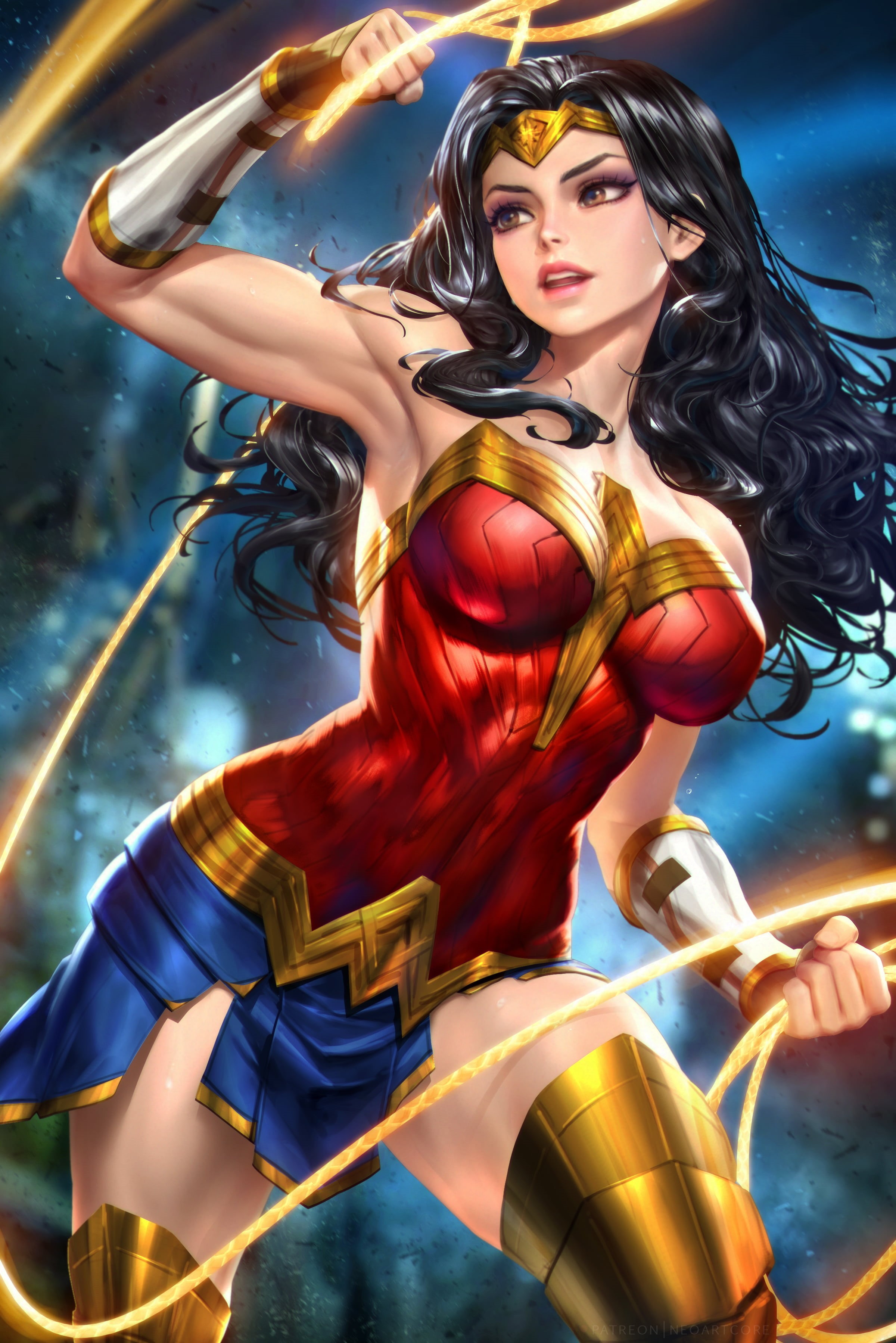 artwork, superheroines, illustration, thigh-highs, fan art, vertical, 2K, drawing, glowing, DC Comics, gold, NeoArtCorE (artist), arm warmers, miniskirt, Phone HD Wallpaper