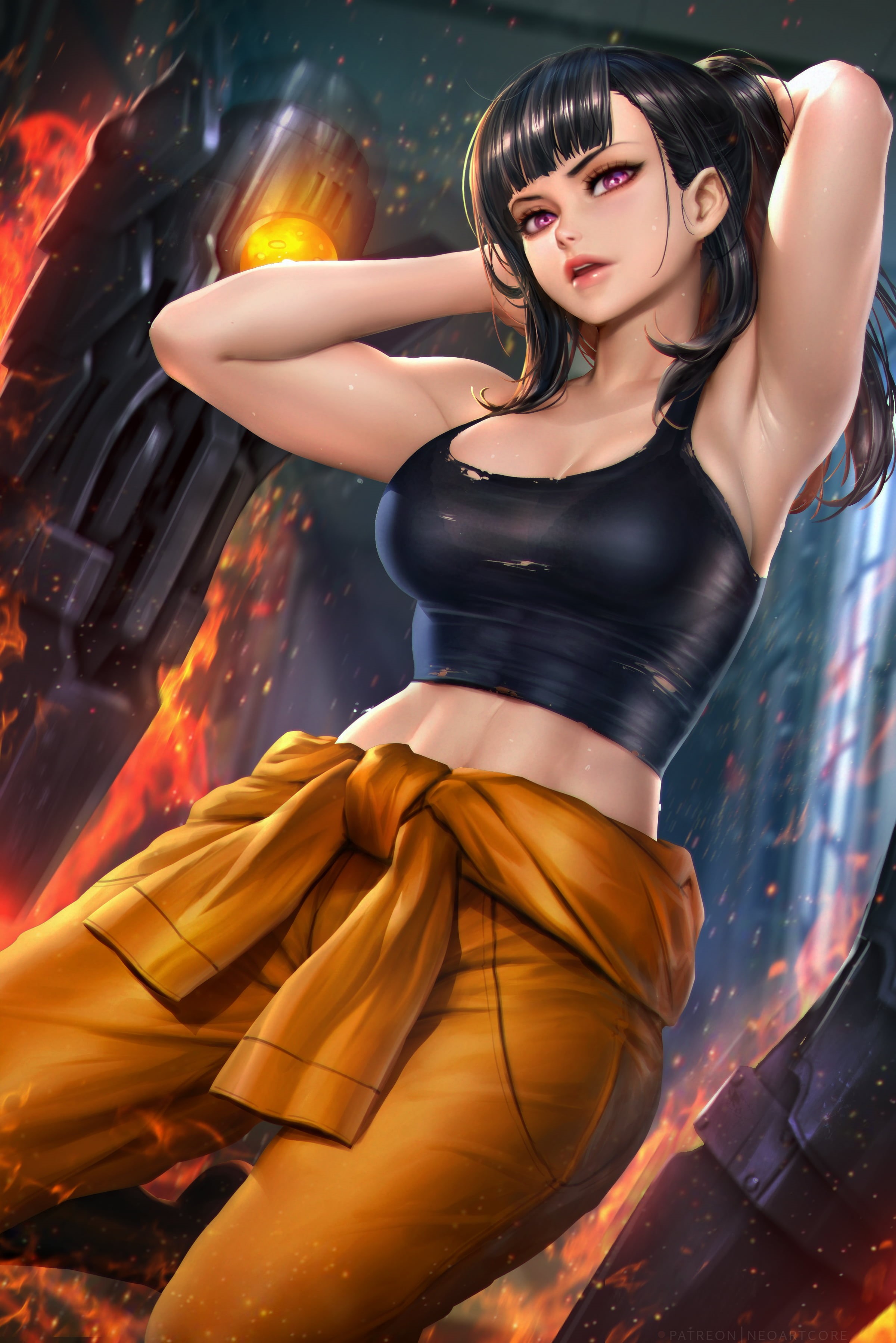 parted lips, NeoArtCorE (artist), drawing, armpits, portrait display, black hair, ponytail, vertical, black tops, cleavage, purple eyes, anime, fan art, Phone HD Wallpaper