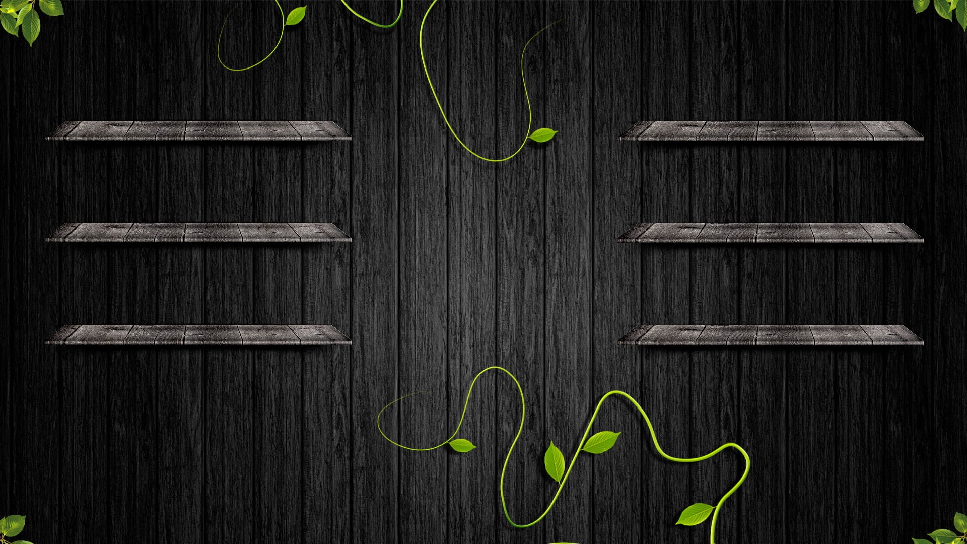 wood, shelf, wall, black, 3D desktop, leaves, 1080P, HD Wallpaper
