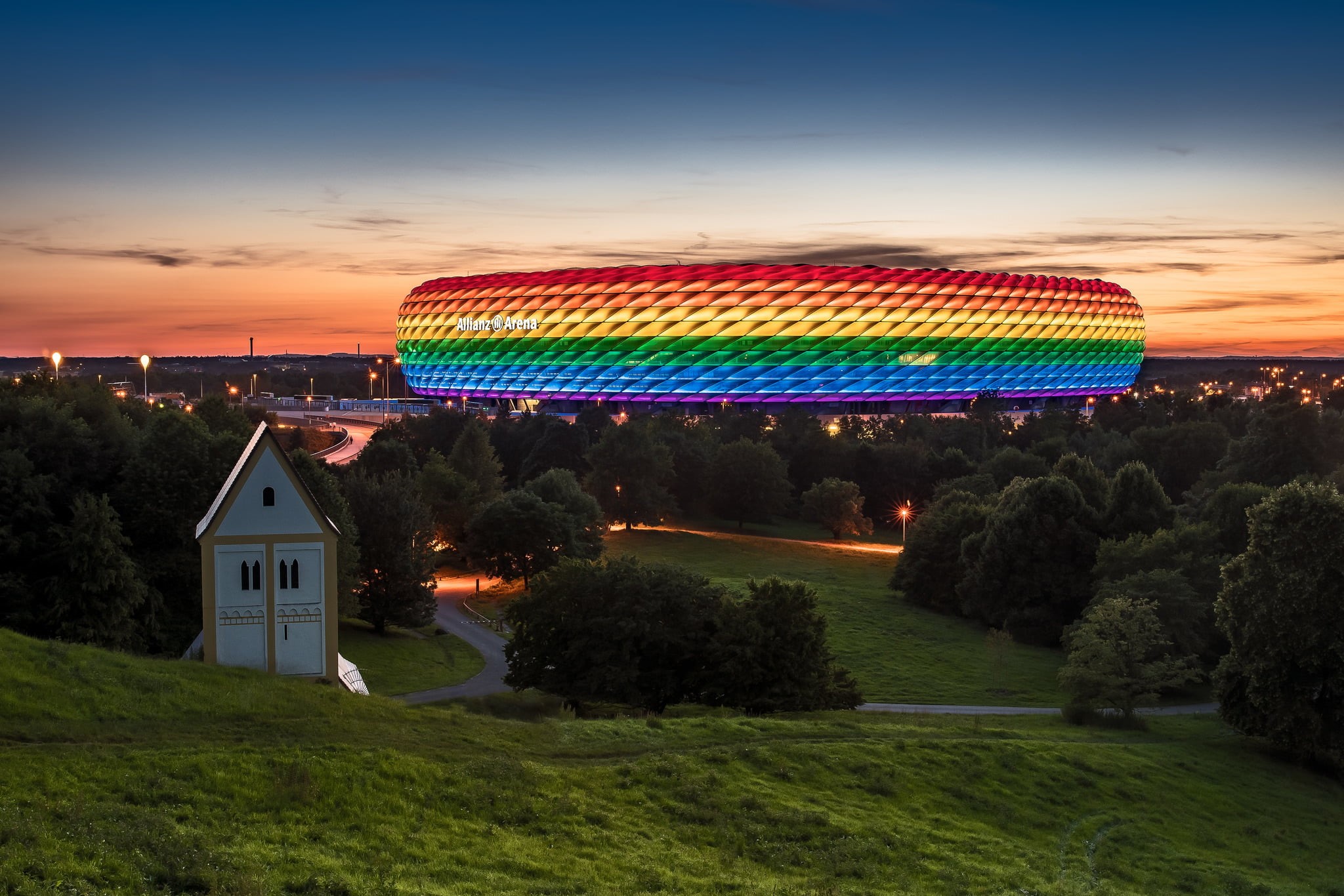 the sky, backlight, Germany, 1080P, Allianz Arena, the evening, sunset, illumination, Bayern, Munich, stadium, clouds, HD Wallpaper