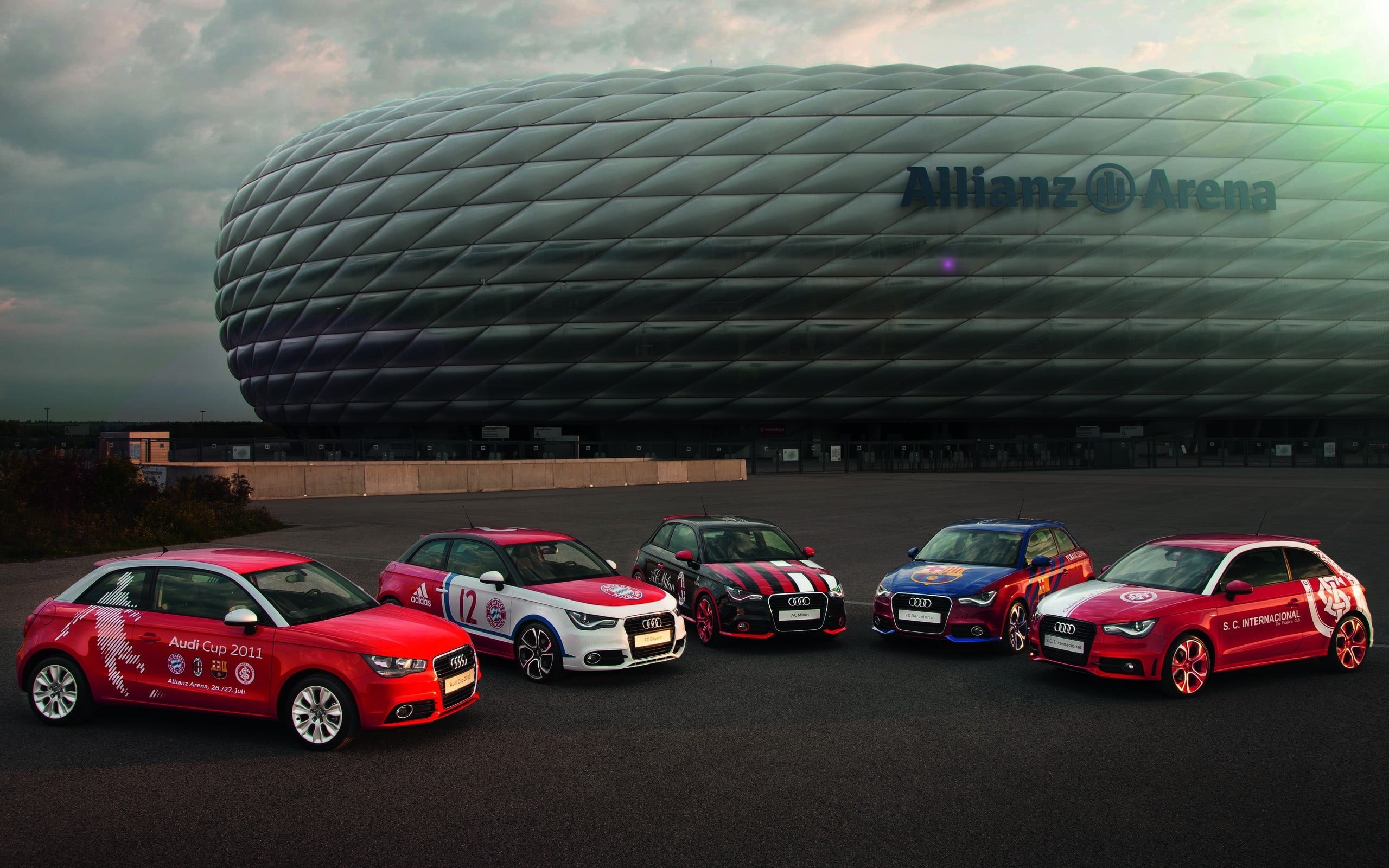 day, Audi A1, street, land vehicle, mode of transportation, city, western script, nature, road, 2K, Allianz Arena , transportation, communication, black, HD Wallpaper