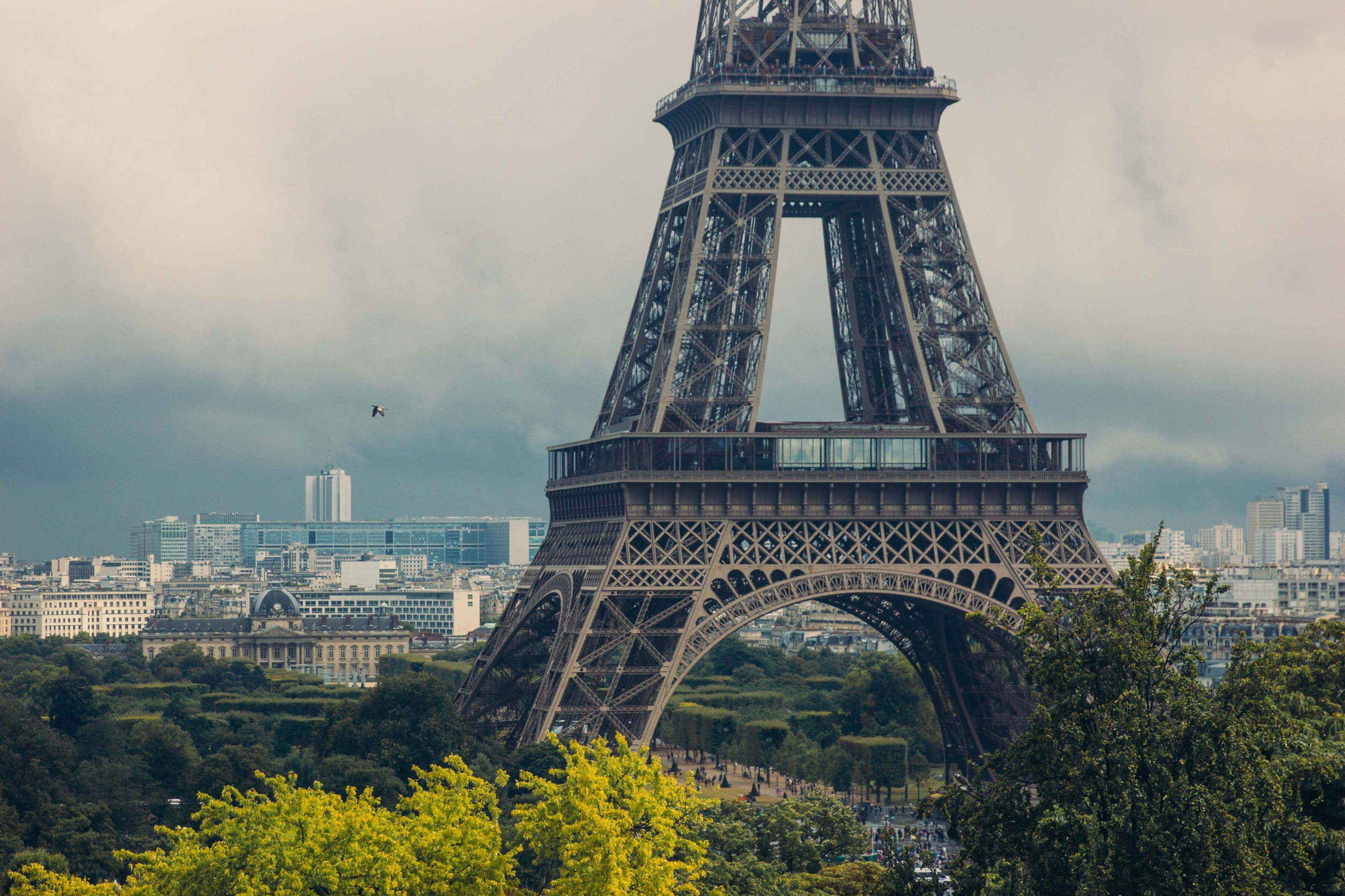 eiffel tower, parisian, eiffel, view, day, holiday, serene, no people, vacations, cityscape, culture, trees, skyline, design, building exterior, steel, HD Wallpaper