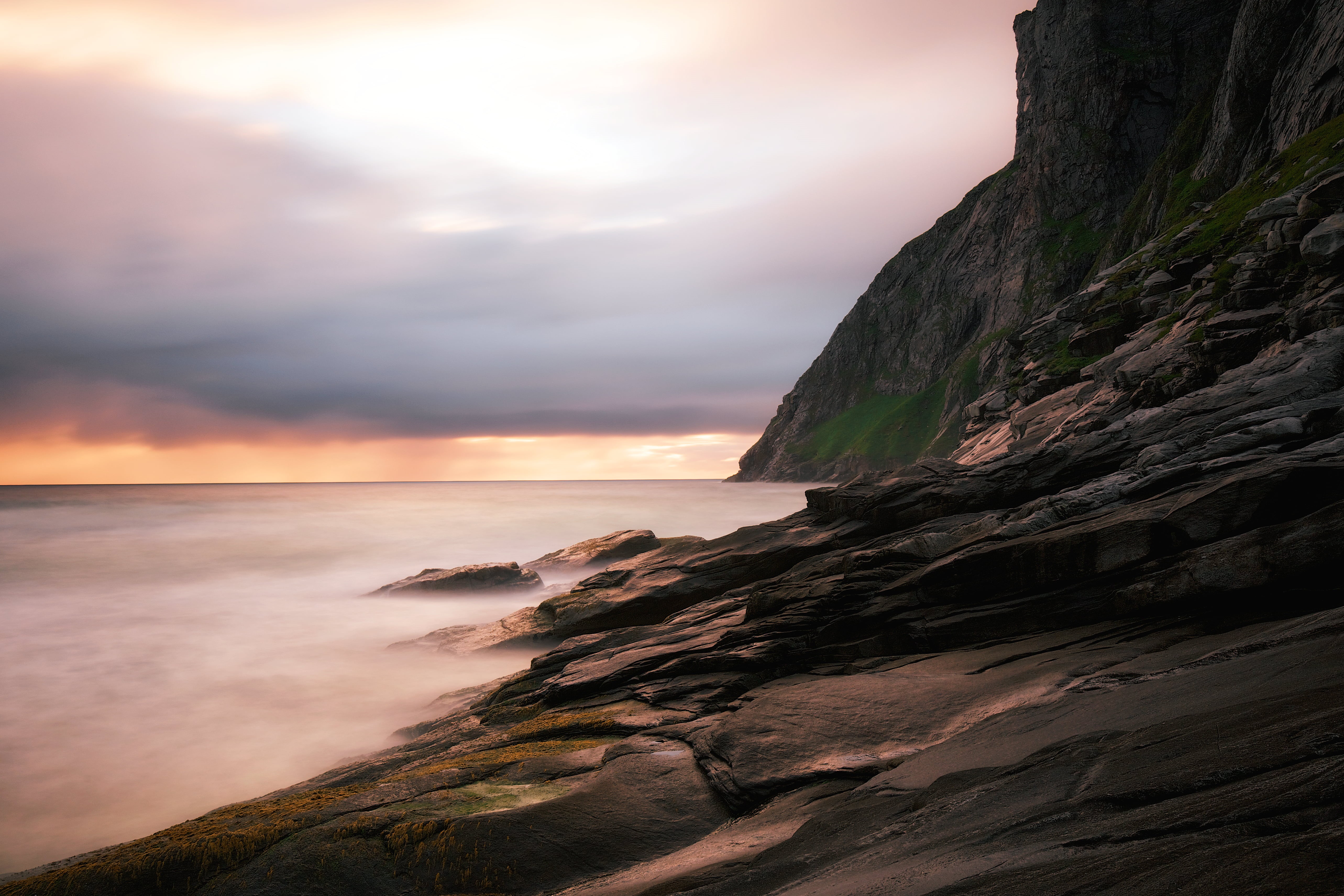 View, Norway, nature, Lofoten Islands, 5K, near, Midnight Sun, sunset, cliff, scenics, Arctic  Ocean, sea, coastline, daytime, dusk, ocean, outdoors, landscape, HD Wallpaper