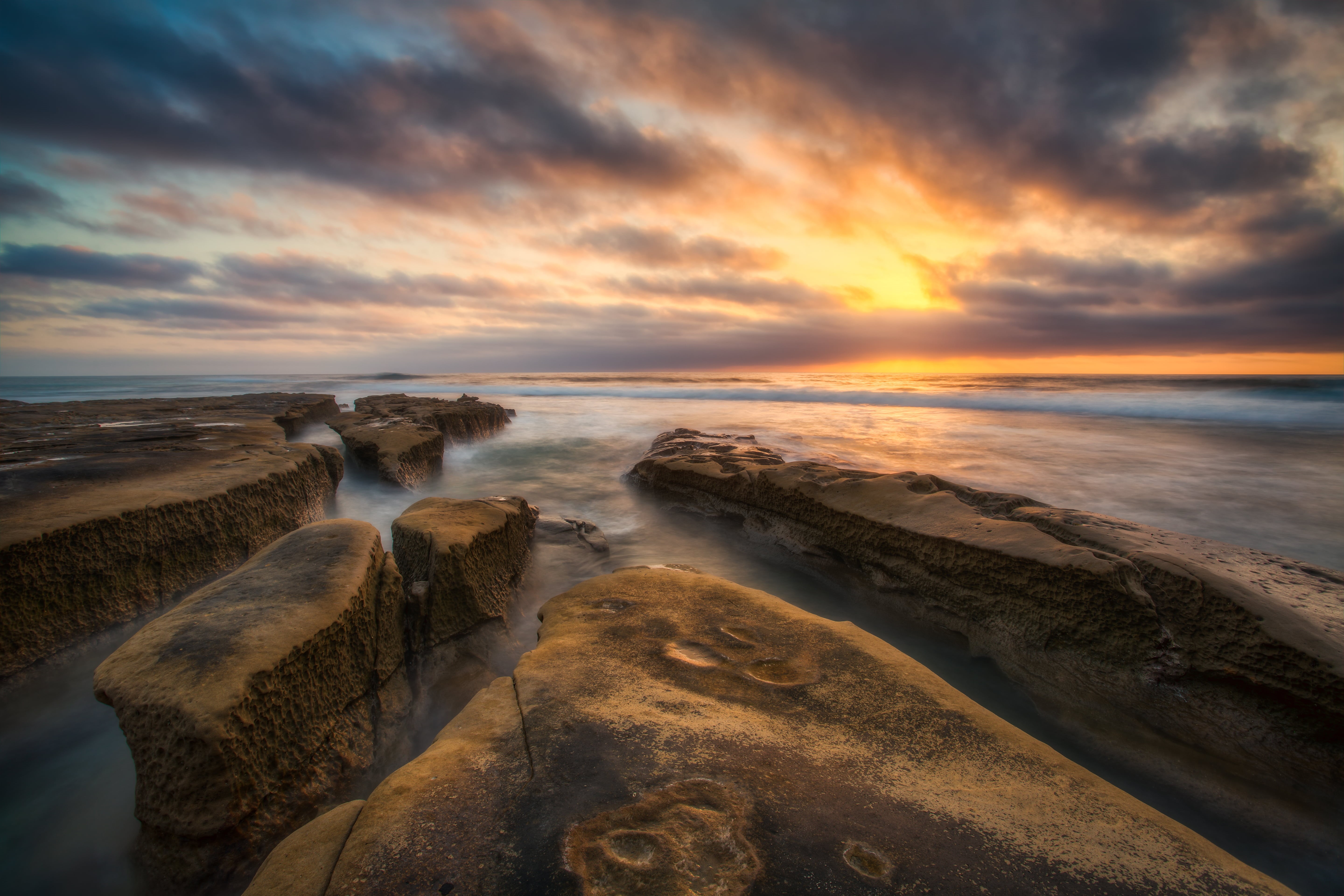 cloud - Sky, pacific  ocean, sunset, wave, dusk, scenics, sea, canon 5d mark iii, rock - Object, coast, coastline, 5K, sky, photo, smooth, beach, La Jolla, HD Wallpaper