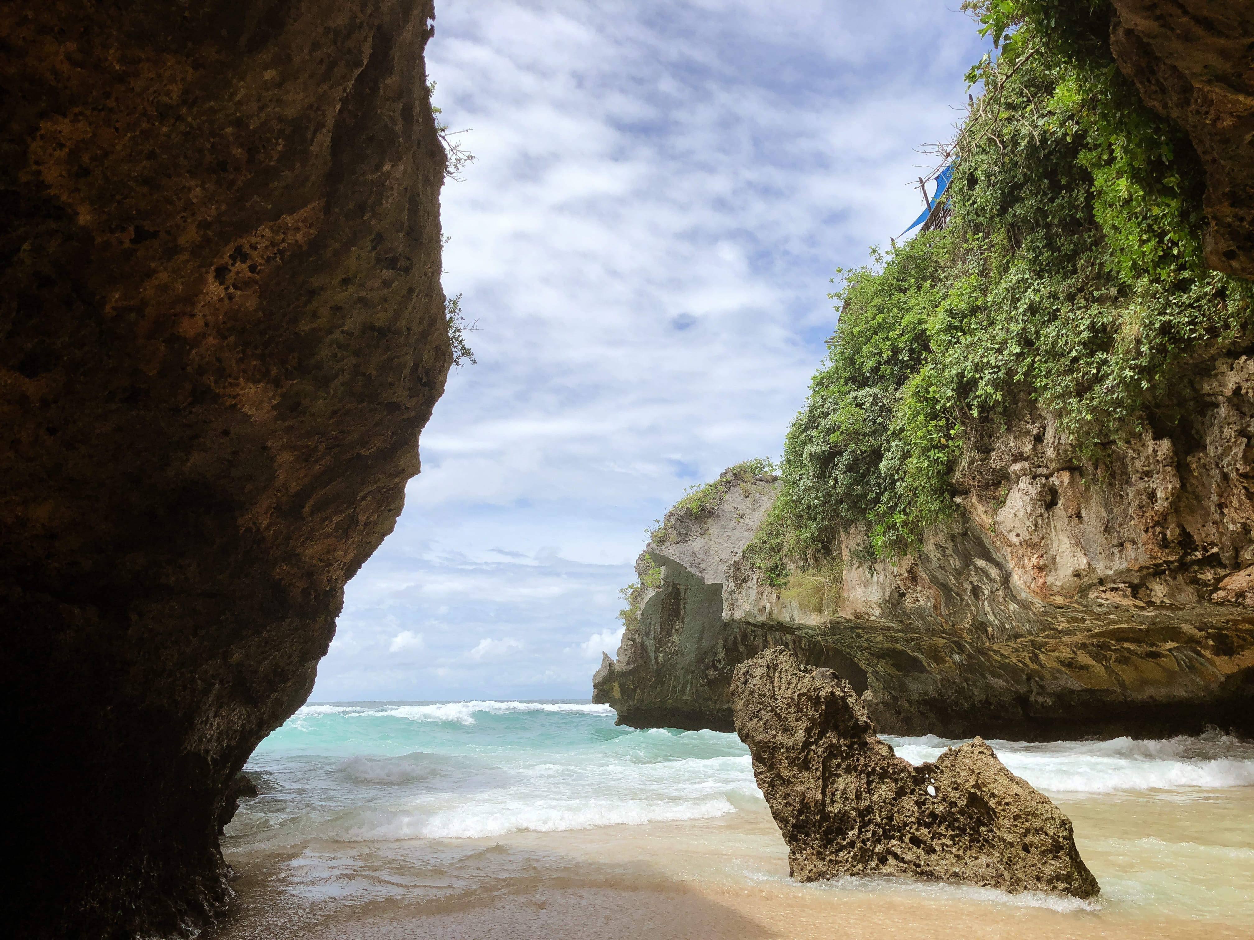 tranquility, unnamed road, destination, outdoors, tourism, waves, ocean, nature, solid, rock - object, water, bay, indonesia, land, 4K, sea, rock formation, HD Wallpaper