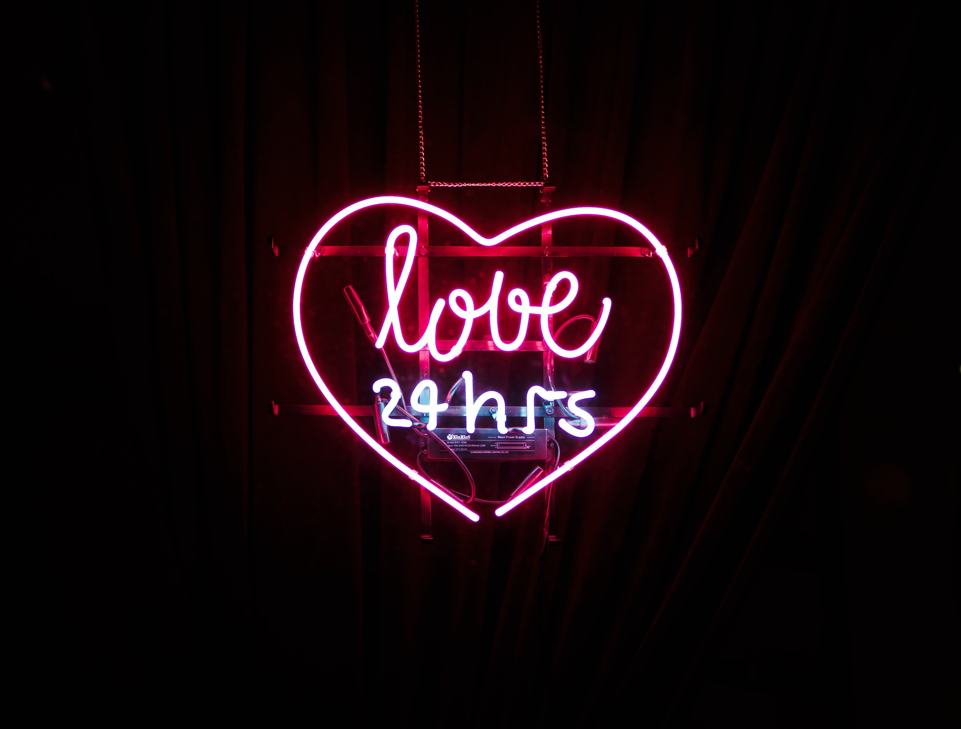 heart Shape, city, night, black Color, text, 2K, sign, architecture, positive emotion, holiday, celebration, no people, signage, red, glowing, illuminated, HD Wallpaper
