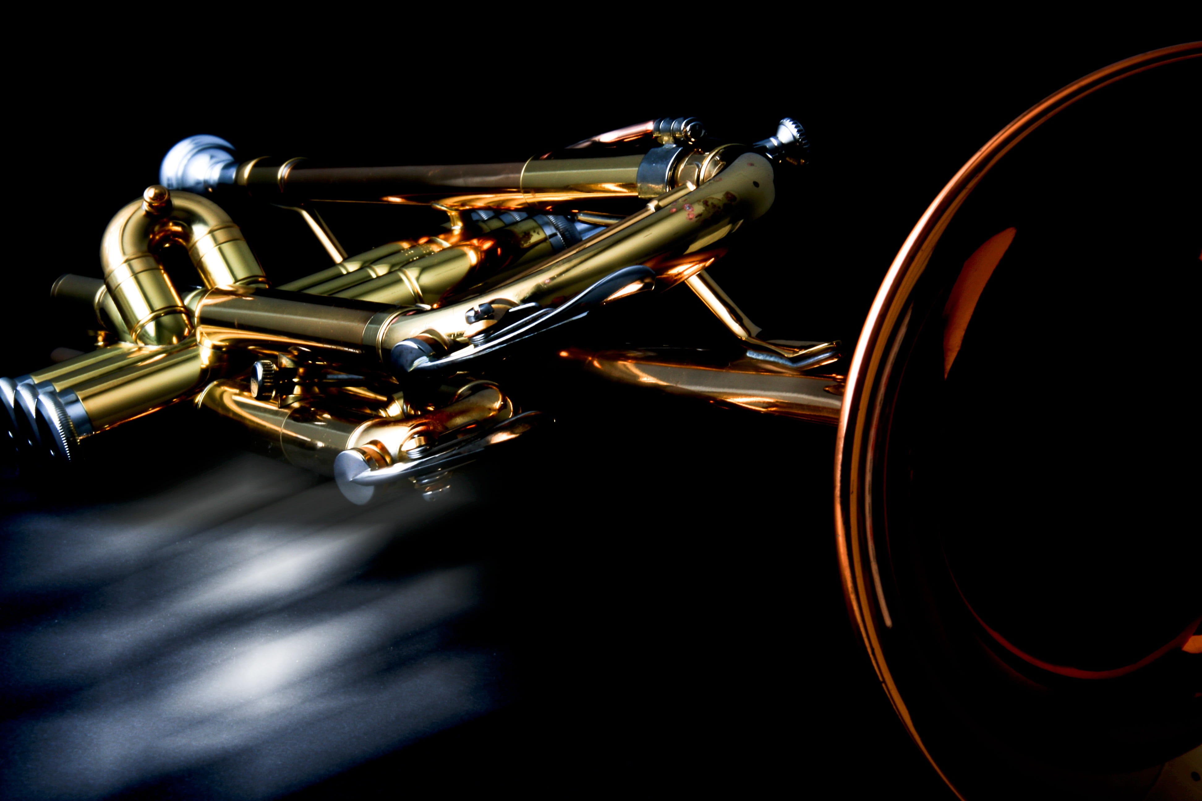 reflection, cut out, single object, studio shot, brass, trumpet, light, 4K, arts culture and entertainment, musical instrument, black background, wind instrument, HD Wallpaper