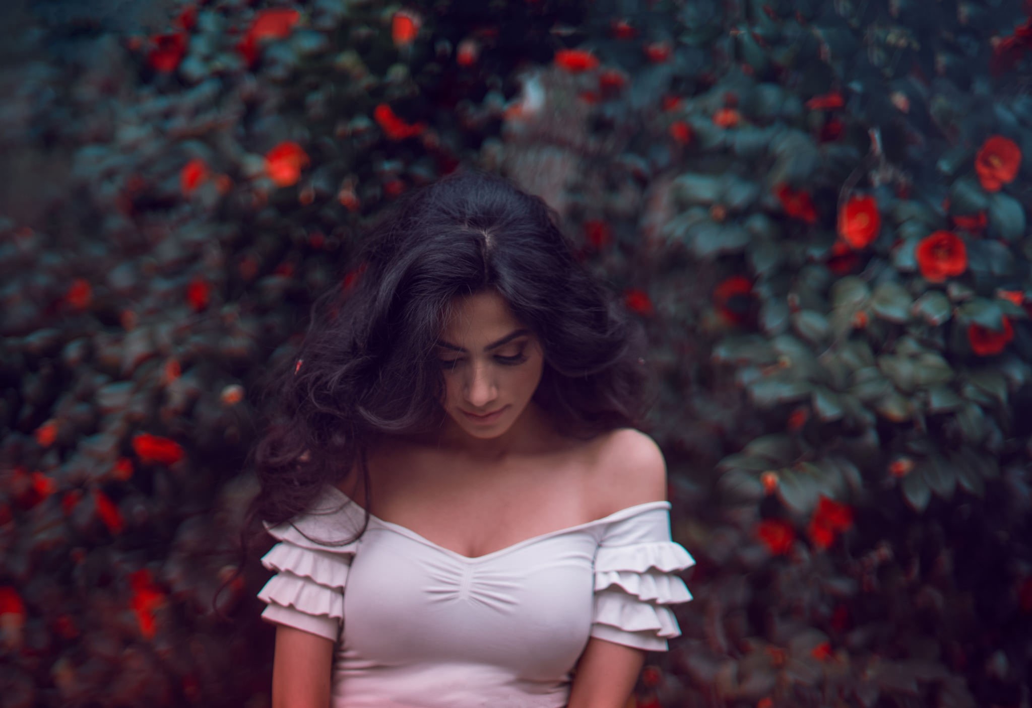 contemplation, brunette, autumn, hair, women, white dress, women outdoors, leaf, standing, plant part, plant, day, outdoors, adult, bare shoulders, portrait, HD Wallpaper