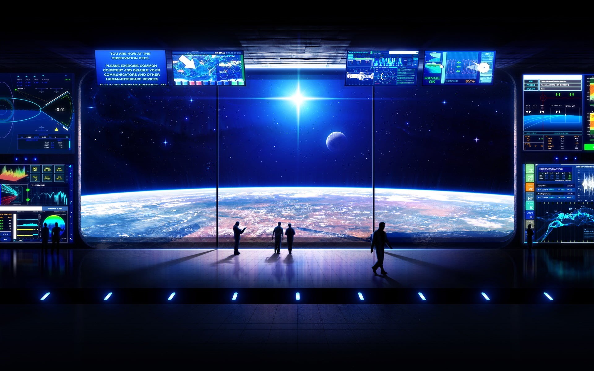 standing, adult, planet, futuristic, stars, 1080P, group of people, dark, tv, screen, night, looking, silhouette, sky, water, monitor, flat, sea, digital art, HD Wallpaper
