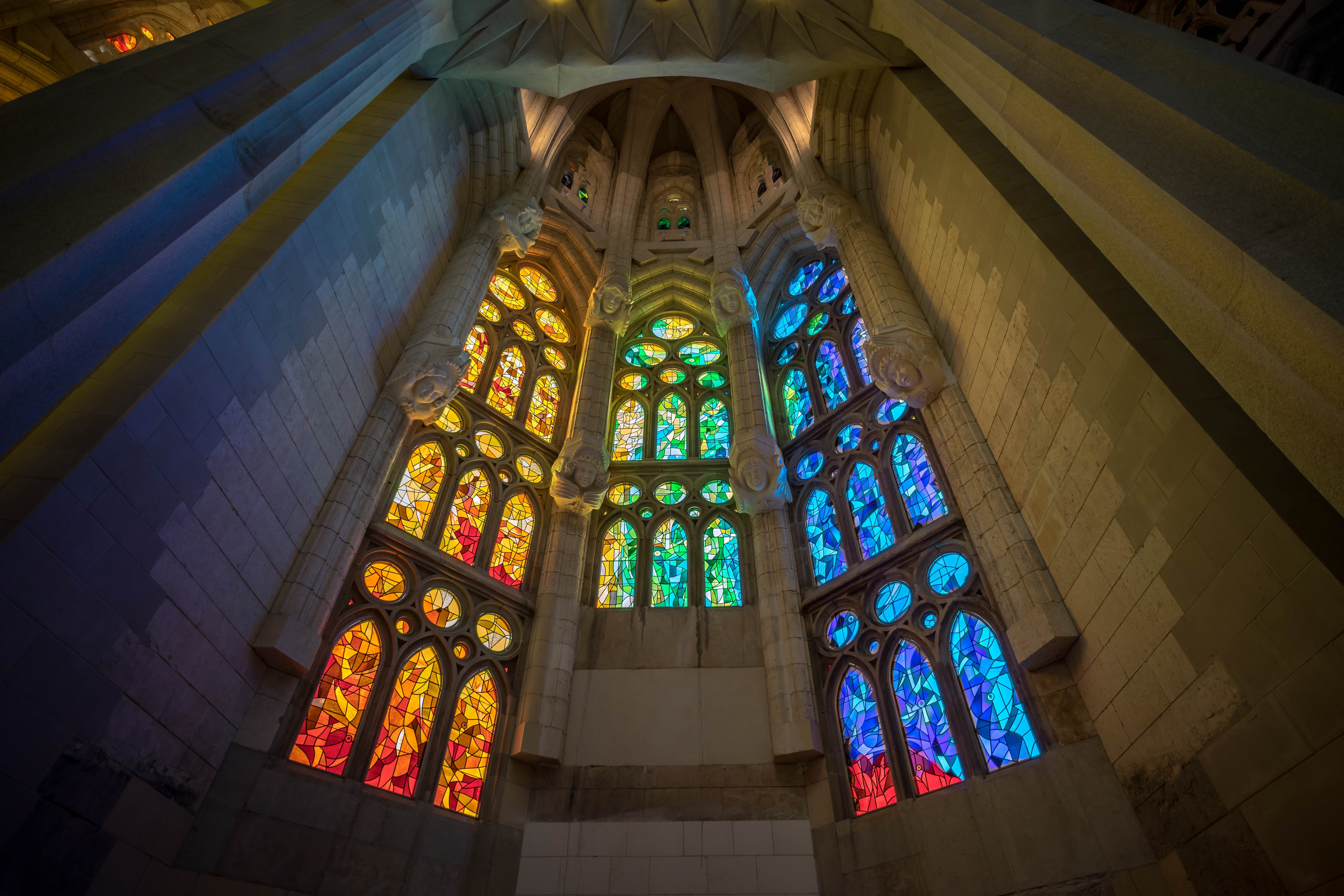 red, angle, church, blue, belief, famous Place, place of worship, low, backlight, mosaic, built structure, no people, window, architecture, barcelona, travel, HD Wallpaper