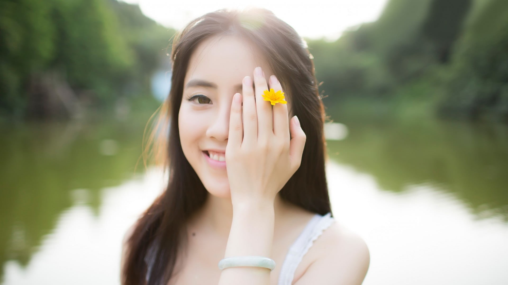 backlighting, young women, beauty, Asian, one person, beautiful woman, young adult, women, hairstyle, outdoors, lens flare, 1080P, hand on face, covered face, HD Wallpaper
