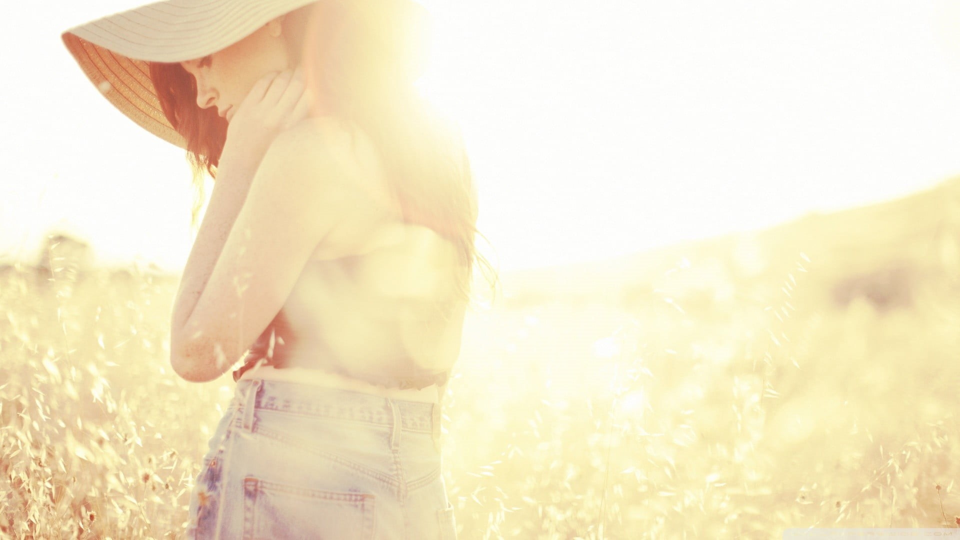 grass, standing, hairstyle, field, women, land, lens flare, 1080P, clothing, adult, summer, hat, human body part, young adult, straw hat, beautiful woman, HD Wallpaper