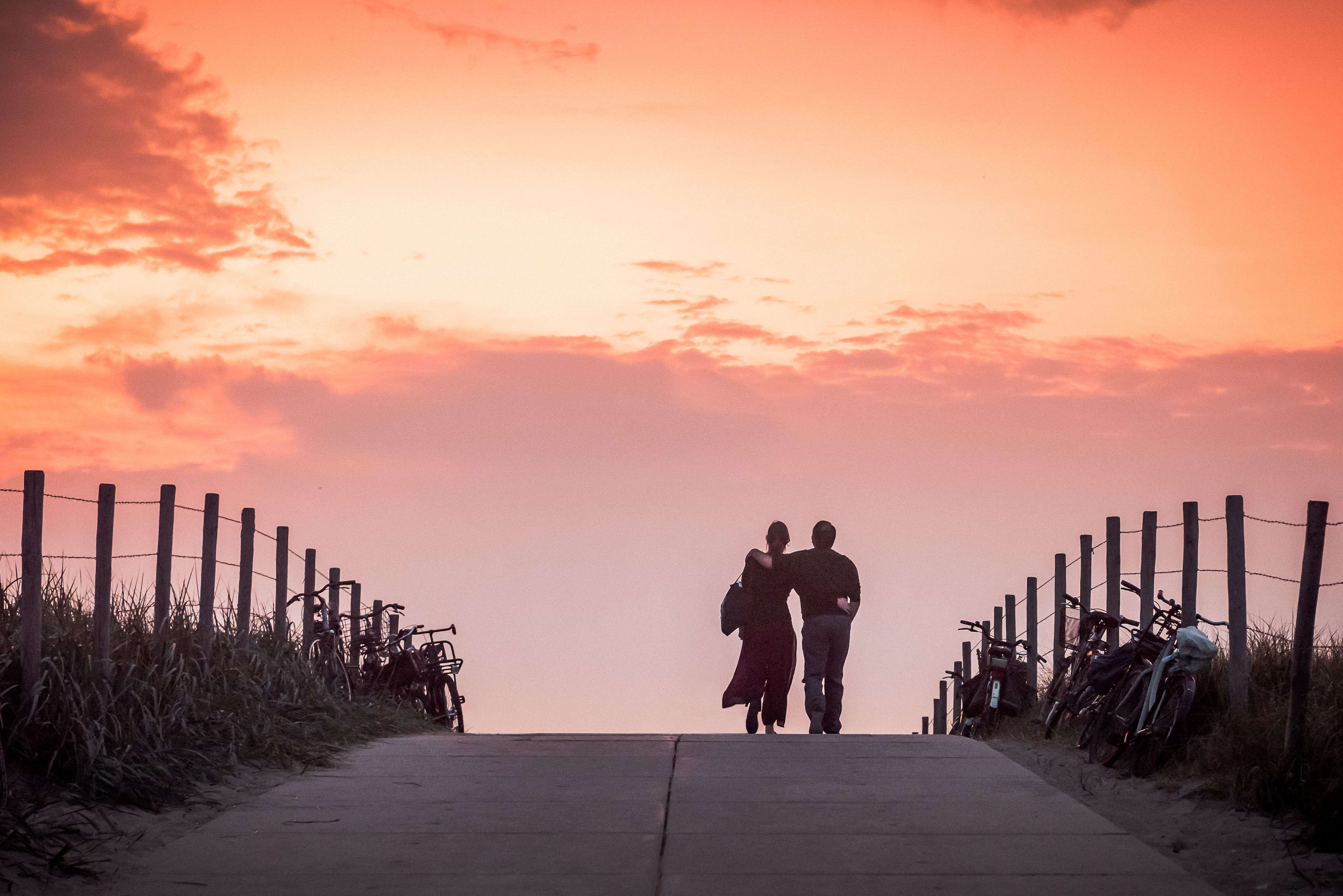 coulour, outdoors, the way forward, full length, romantic, women, men, love, orange color, man, rear view, people, bicycle, sunset, nature, beauty in nature, HD Wallpaper