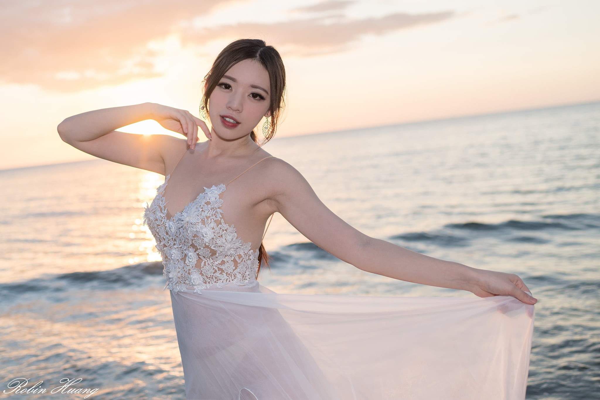 women, long hair, cleavage, portrait, Kiki Hsieh, sky, dress, backlighting, outdoors, brunette, white dress, model, 1080P, sunset, sea, HD Wallpaper