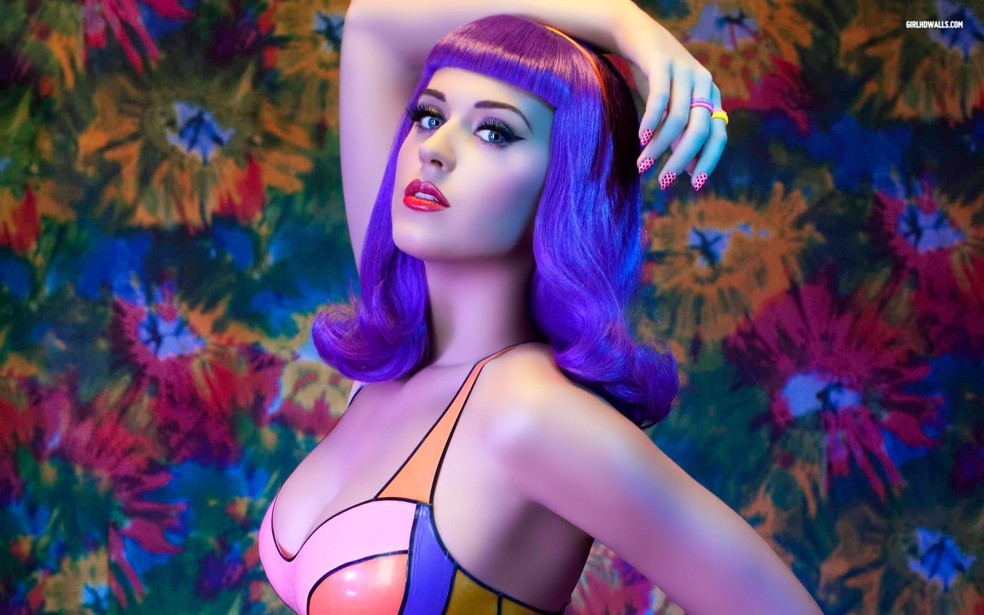 hairstyle, young women, latex, purple, beautiful people, elegance, young adult, Katy Perry, women, one person, fashion, beauty, clothing, beautiful woman, HD Wallpaper