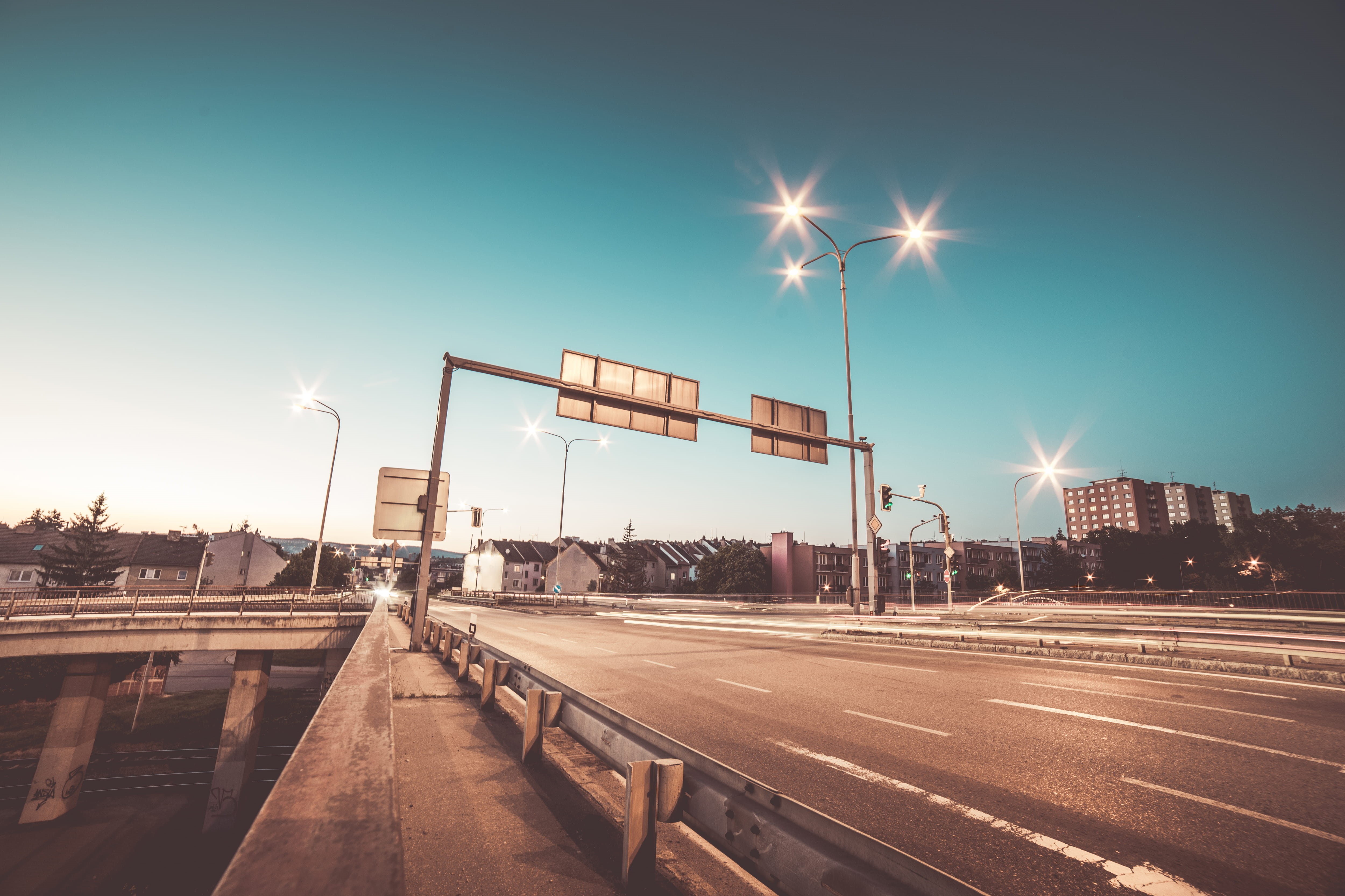 streets, no people, nature, city, architecture, symbol, sunset, light, roads, clear sky, lighting equipment, intersection, street, freight transportation, HD Wallpaper
