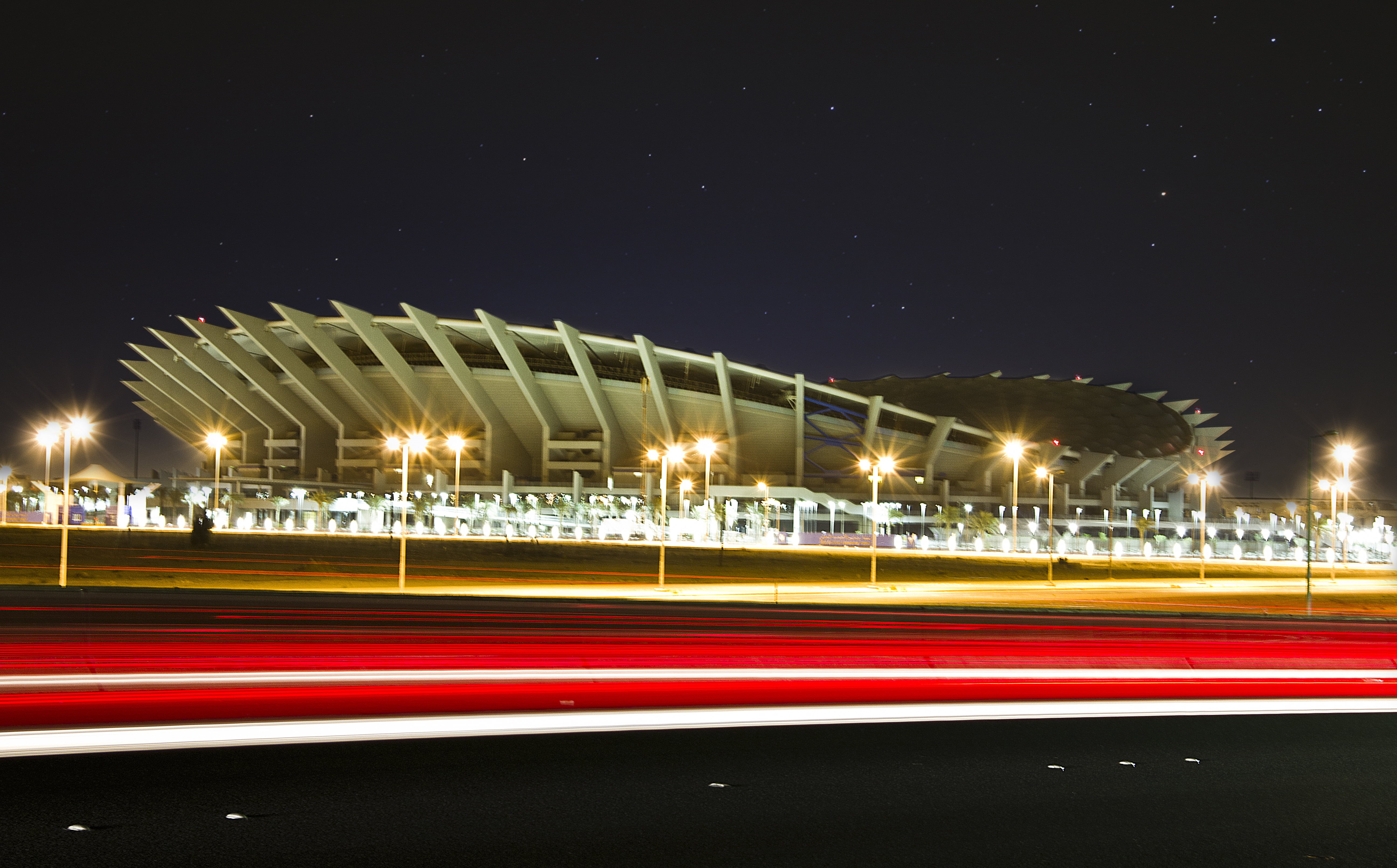 lamps, illuminated, transportation, road, architecture, traffic, grey, street lamps, car, street, night, at night, Jaber, speed, Stadium, dusk, concept, HD Wallpaper