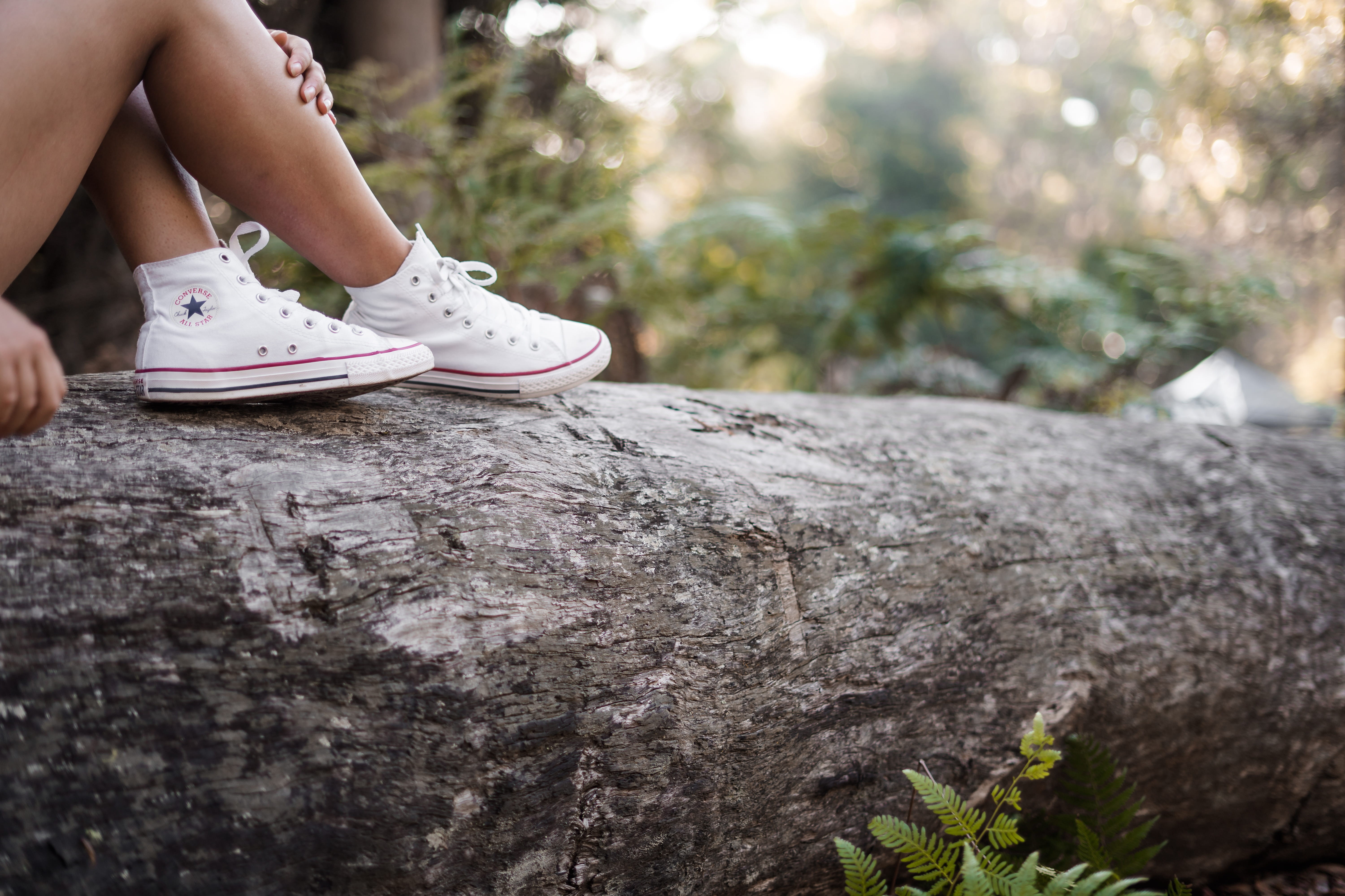 star, crouching, one person, depth, person, running shoe, rock, shoe, white, 5K, reflecting, shoes, casual clothing, plant, bush, human, logs, solid, apparel, HD Wallpaper