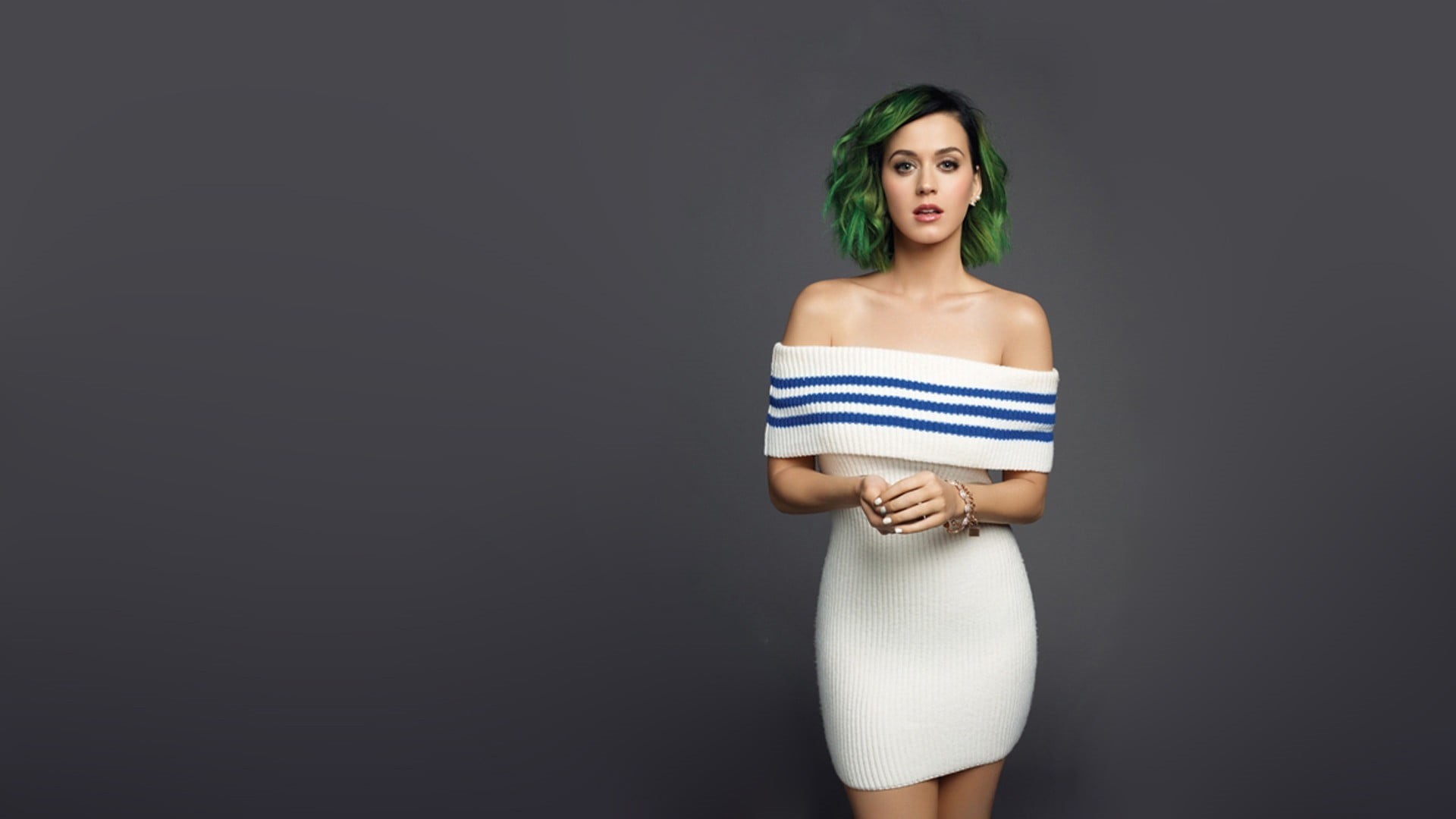 indoors, copy space, three quarter length, blue, clothing, portrait, green hair, beauty, striped, looking at camera, front view, standing, studio shot, HD Wallpaper