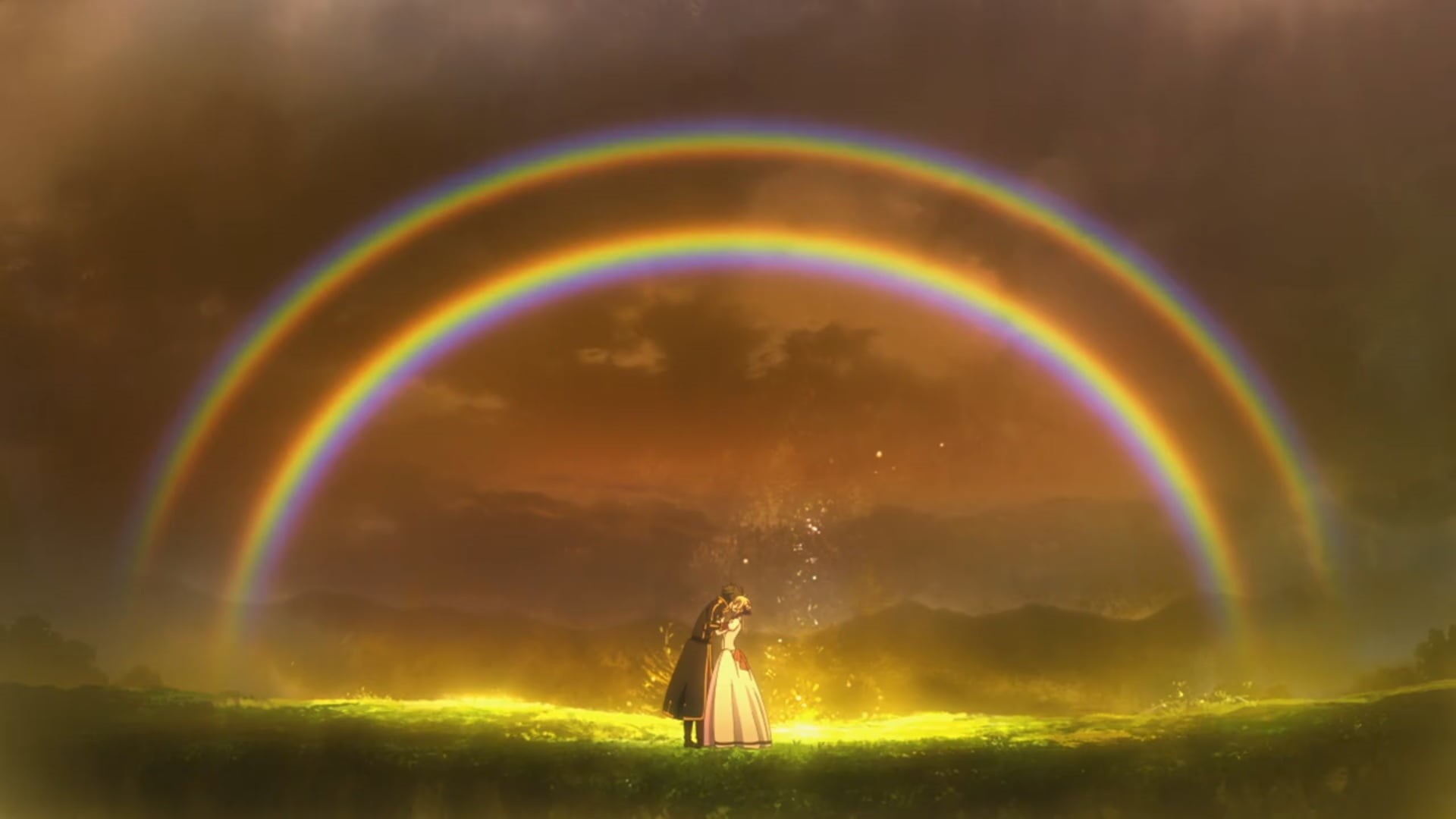 anime, scenics - nature, nature, sky, beauty in nature, leisure activity, outdoors, 1080P, rainbow, tranquility, lifestyles, rear view, full length, beautiful woman, HD Wallpaper