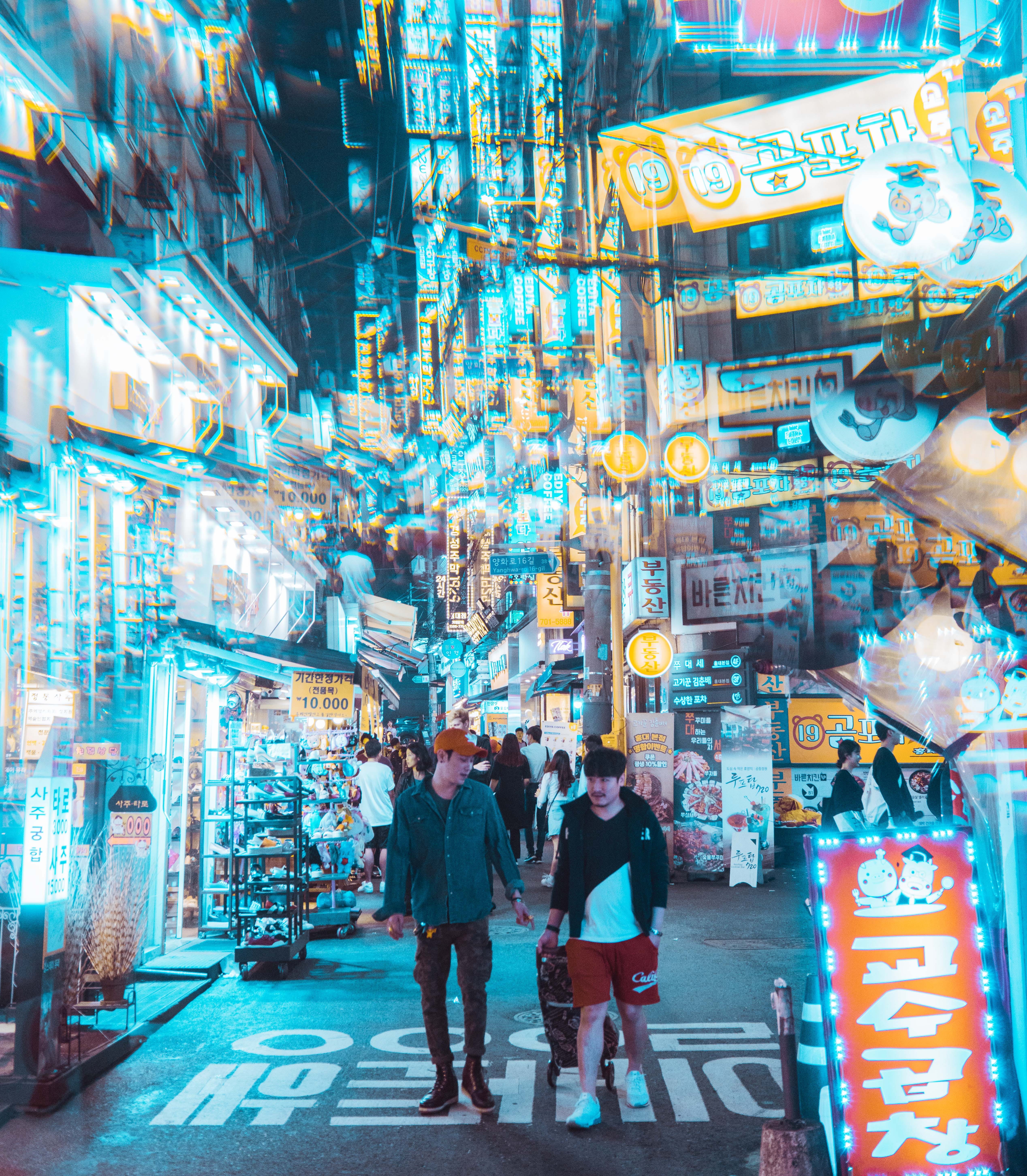 city life, leisure activity, trip, adult, women, neon light, city, city street, bag, crowd, carrying, lifestyles, building, neon, men, blue, group of people, Phone HD Wallpaper