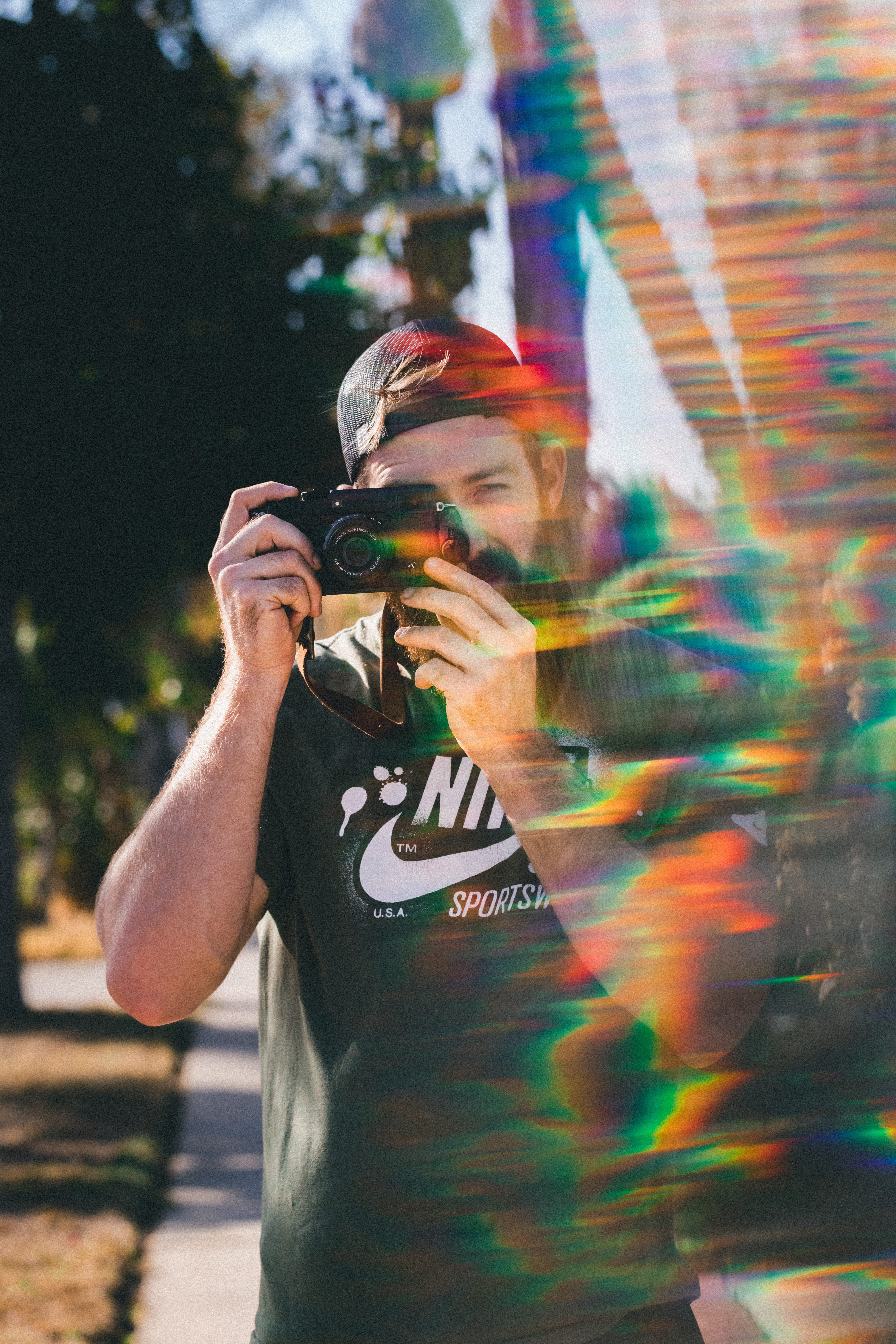 5K, waist up, technology, fashion, photography themes, prism, real people, lifestyles, leisure activity, one person, peace, camera, front view, graffiti, Phone HD Wallpaper