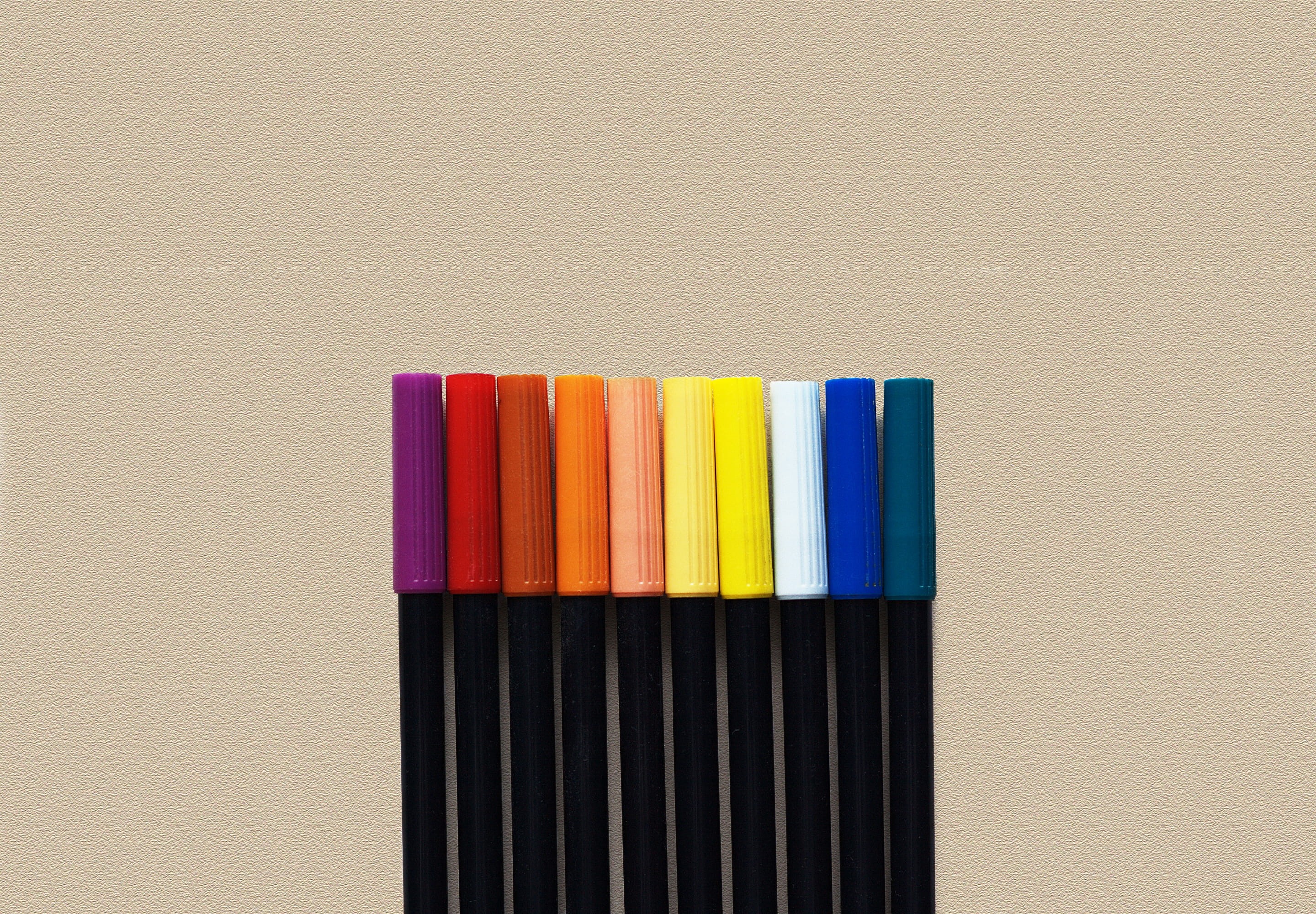pens, pencil, 2K, side by side, creativity, choice, palette, art and craft, yellow, paint, illustrate, no people, scheme, writing instrument, studio shot, HD Wallpaper