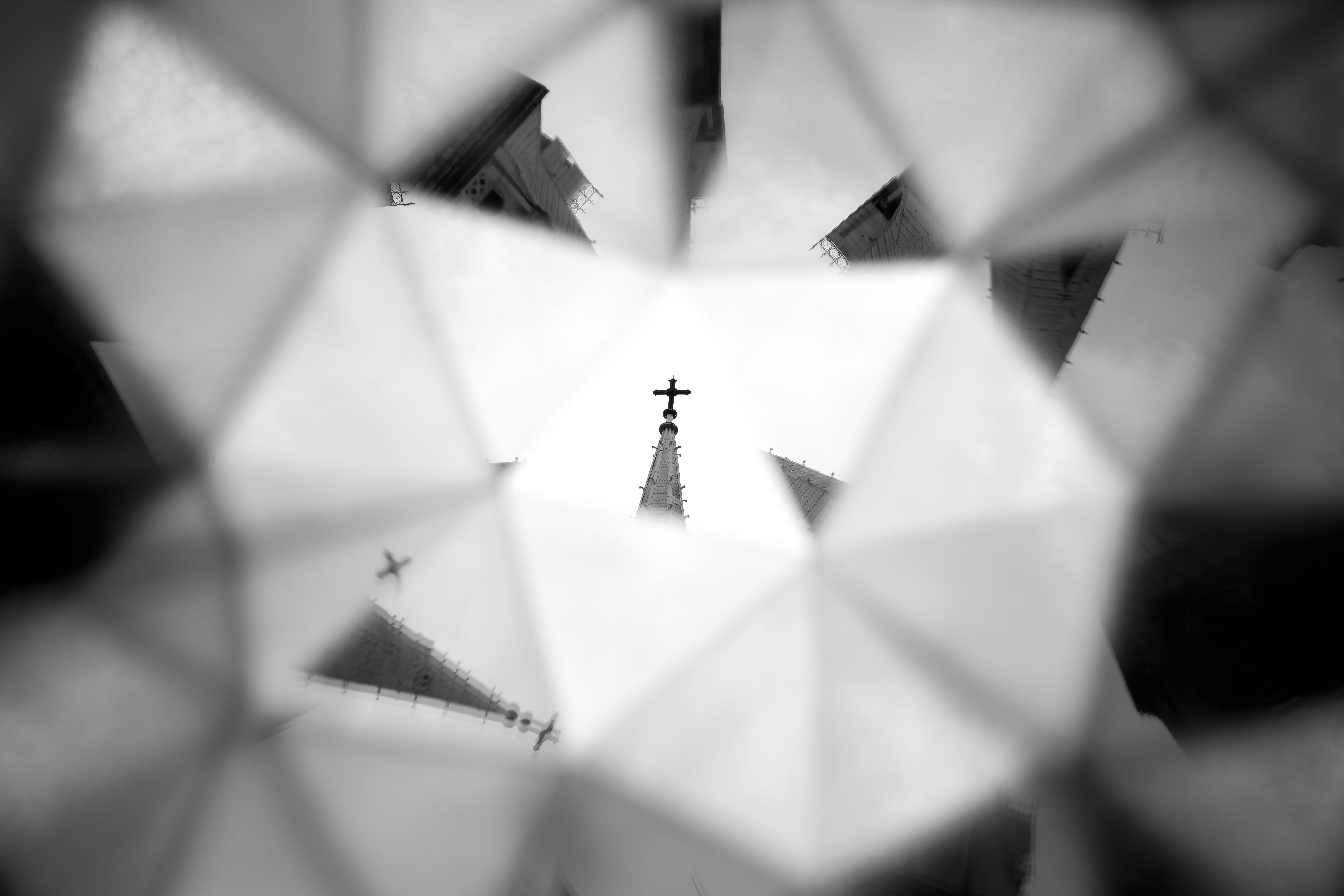 star shape, indoors, architecture, selective focus, church, no people, creativity, 5K, built structure, shadow, cross, building, studio shot, black and white, HD Wallpaper