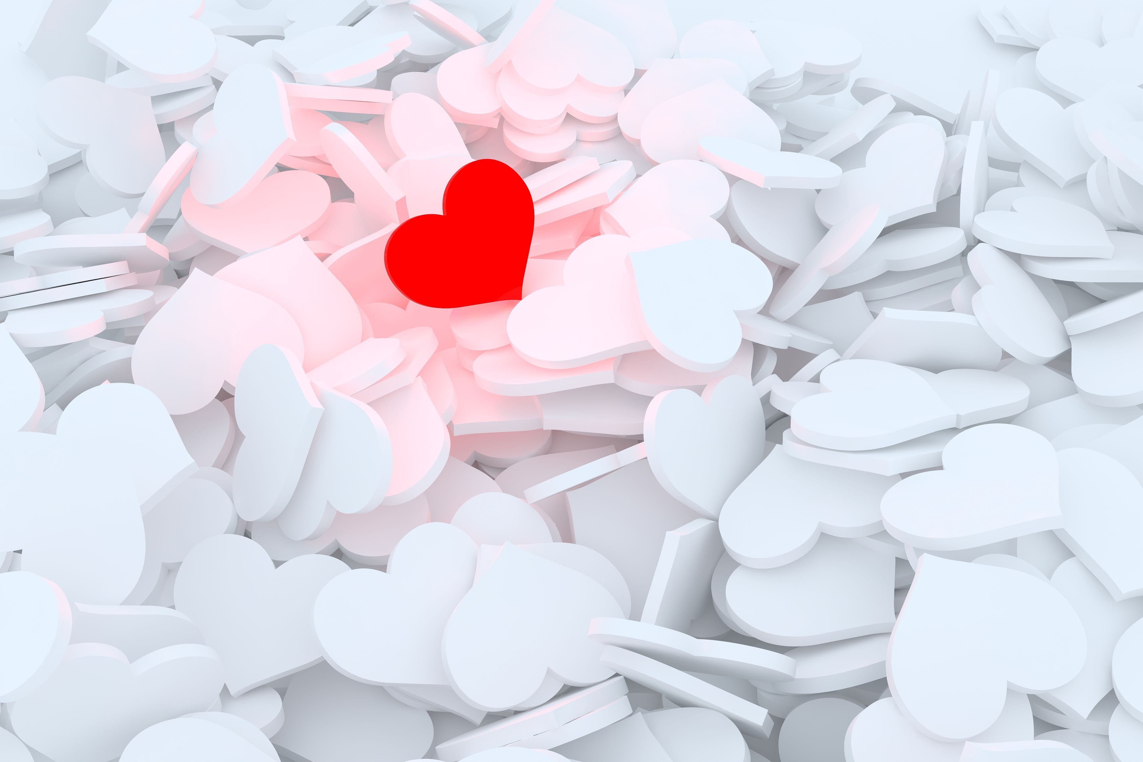 white background, recognition, hearts, 4K, emotion, heart shape, feelings, still life, backgrounds, illusration, postcard, large group of objects, standing out from the crowd, HD Wallpaper