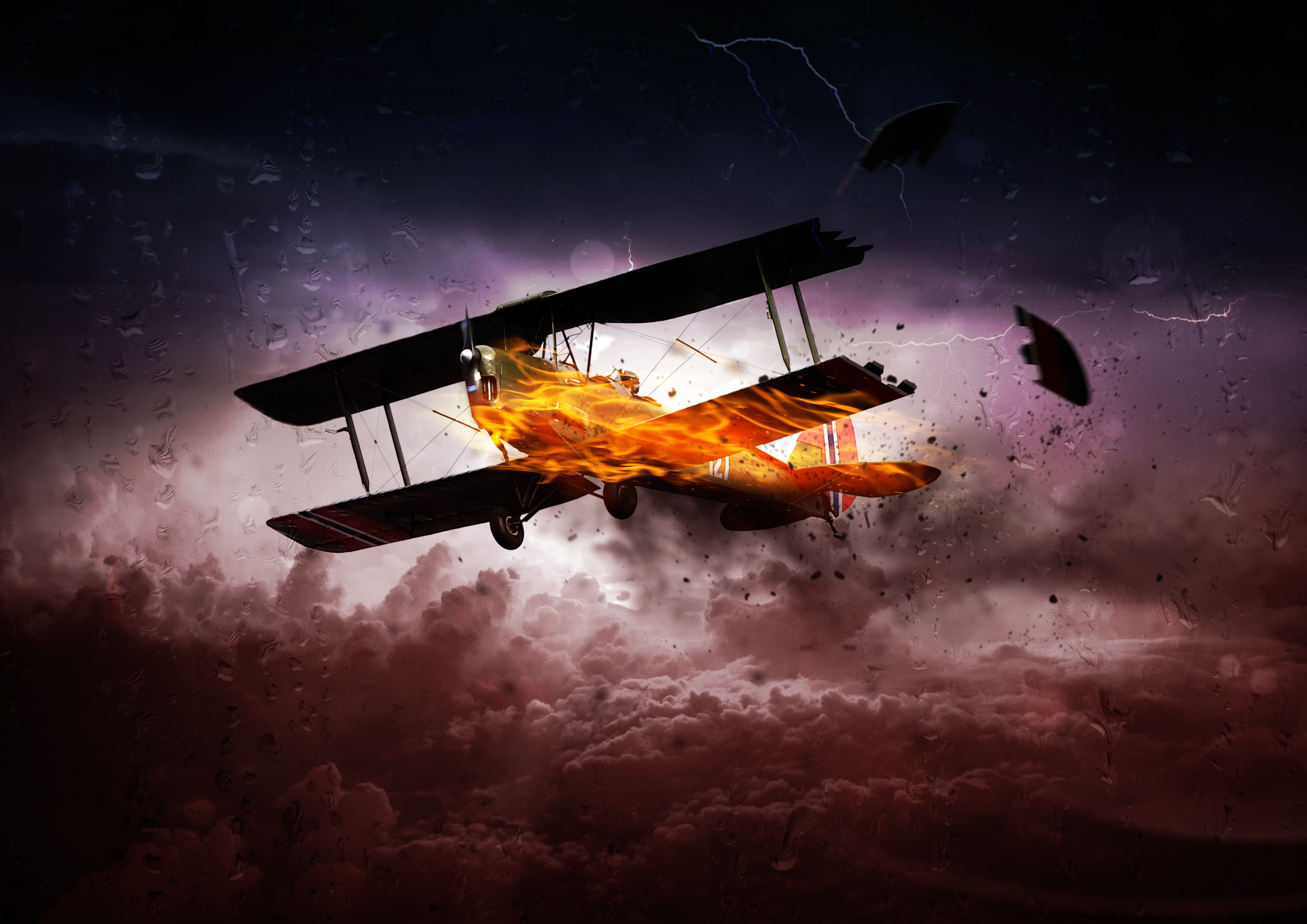 Fire, Propeller plane, 8K, Storm, Aircraft, 4K, Clouds, 5K, HD Wallpaper