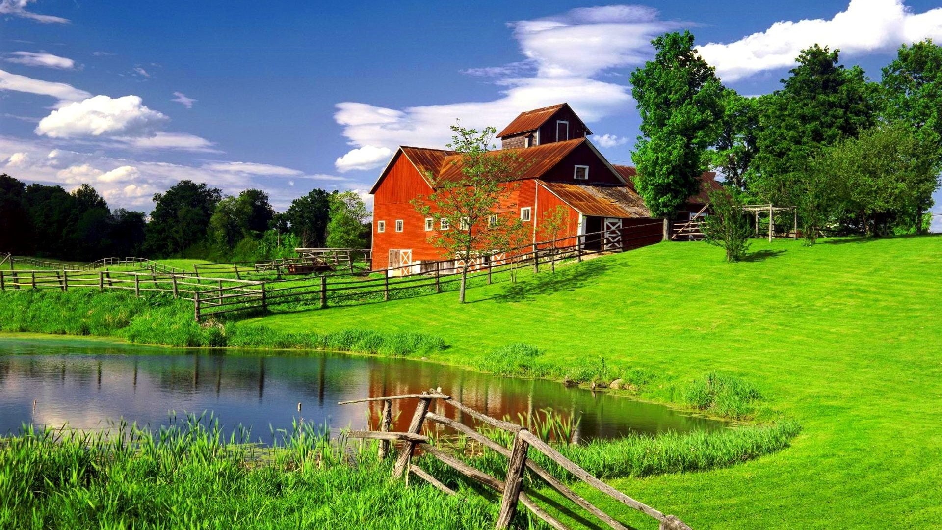 barn, building exterior, vermont, rural life, plant, new england, farmhouse, growth, grass, no people, water, house, nature, green color, outdoors, lake, HD Wallpaper