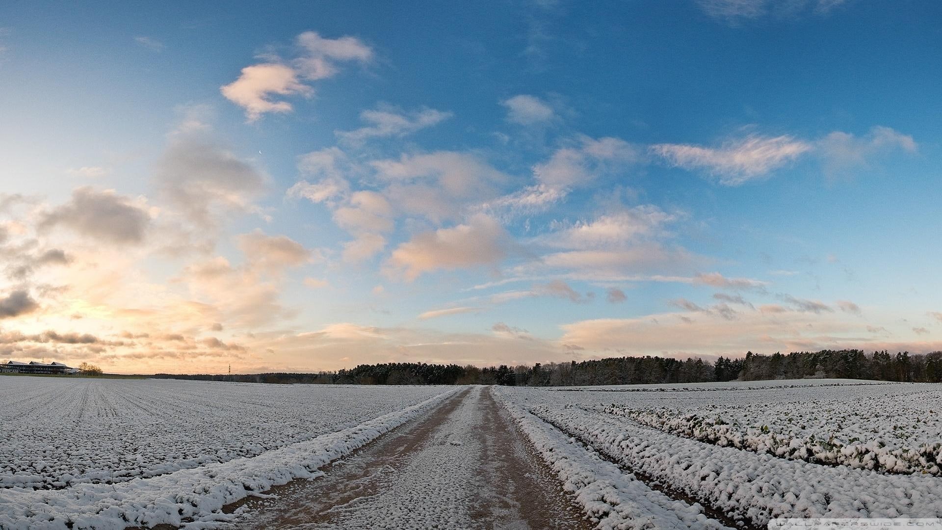 rural, nature and landscapes, road, clouds, snow, 1080P, covered, fields, HD Wallpaper