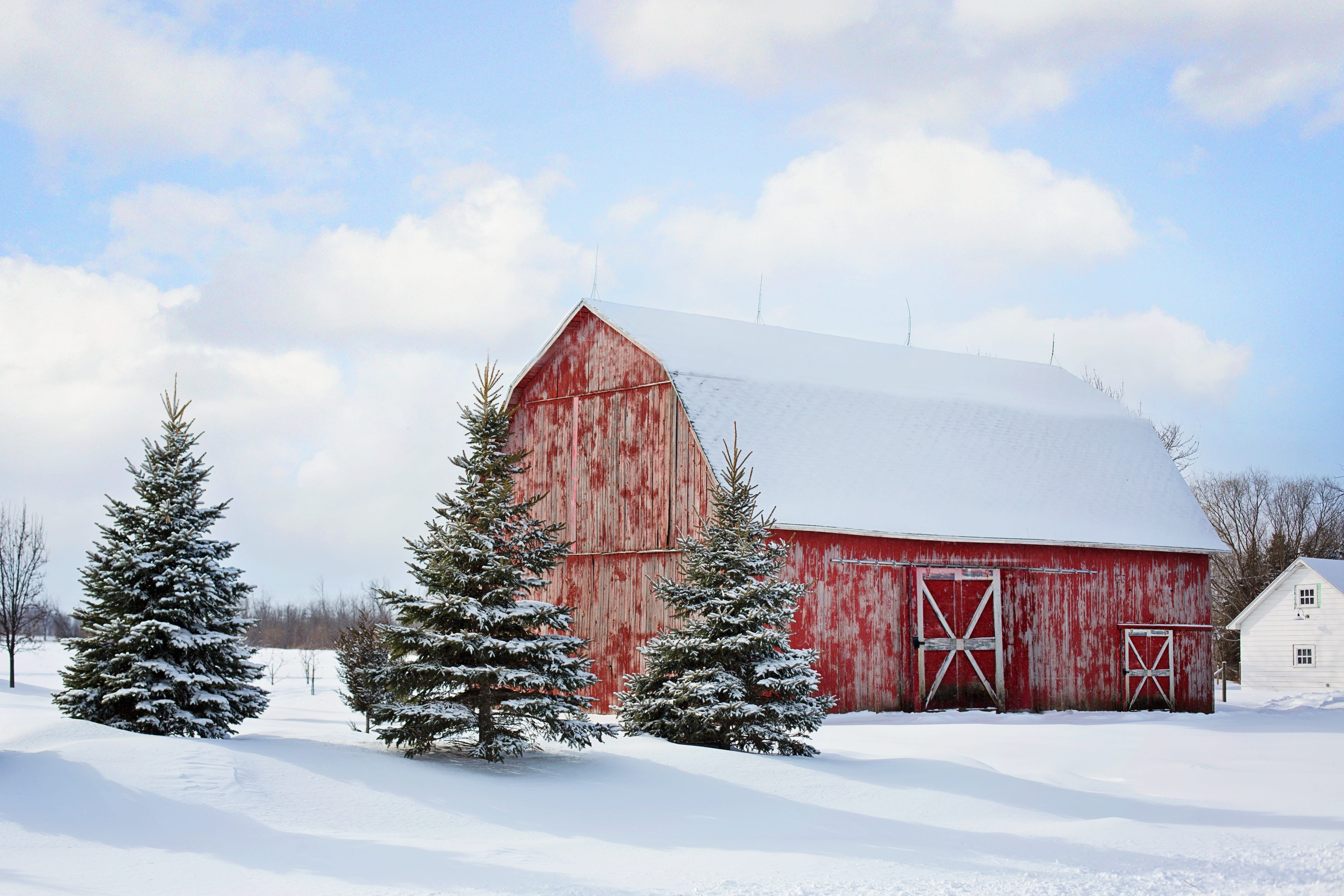 no people, building, land, snowcapped mountain, beauty in nature, built structure, pines, rural, environment, snow, barn, outdoors, countryside, winter, HD Wallpaper