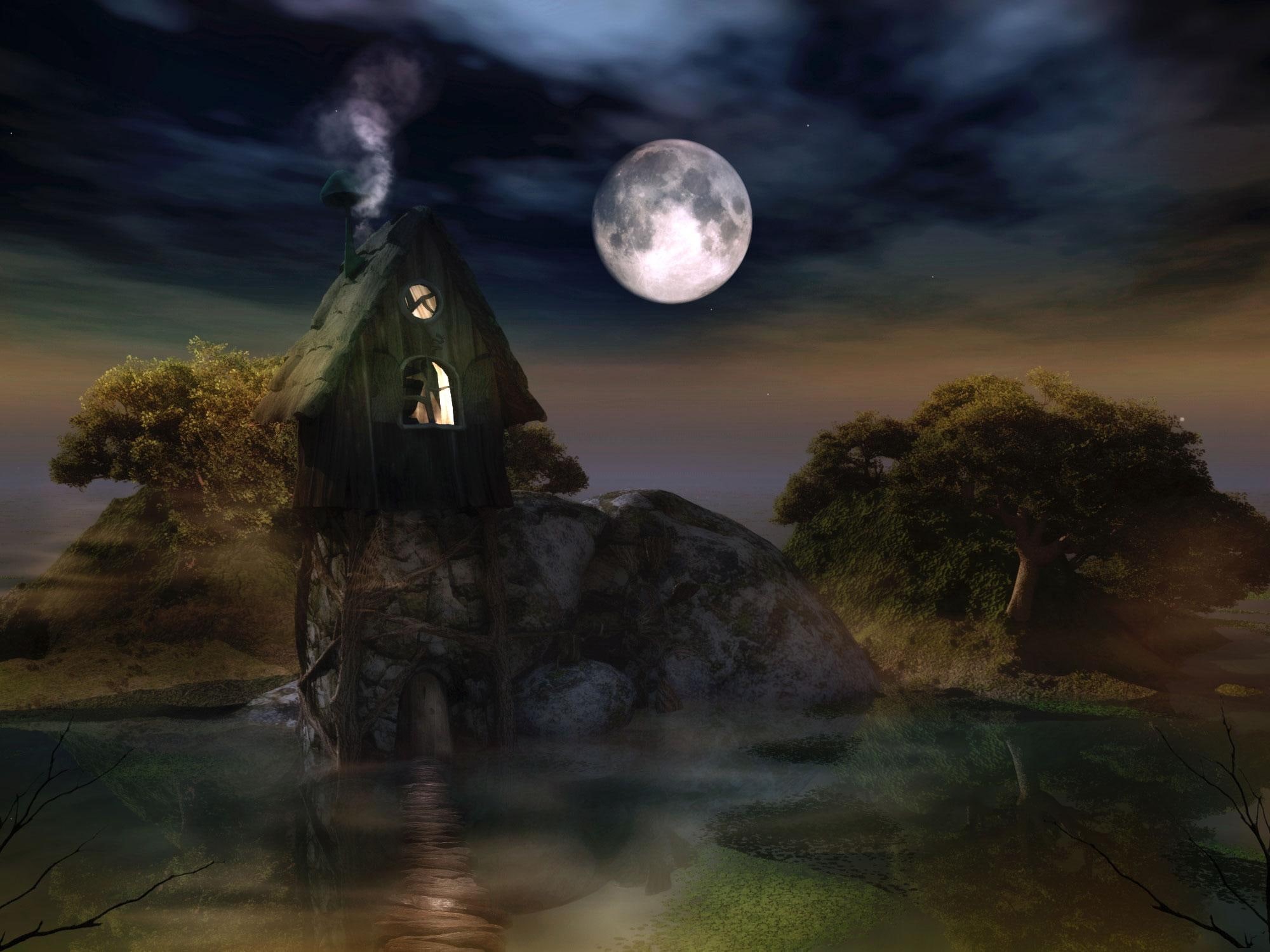darkness, rural, night, nature and landscapes, moon, cottage, 1080P, HD Wallpaper