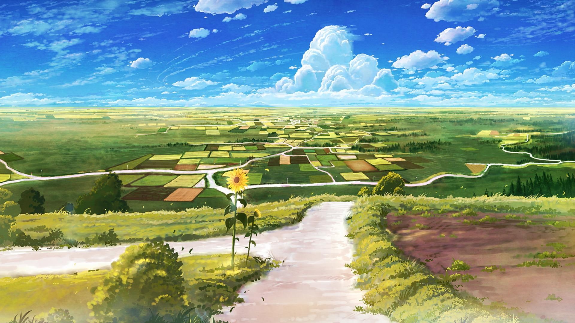 anime art, sky, hill, rural area, grassland, field, prairie, scenery, anime landscape, landscape, cloud, 1080P, summer, road, meadow, HD Wallpaper