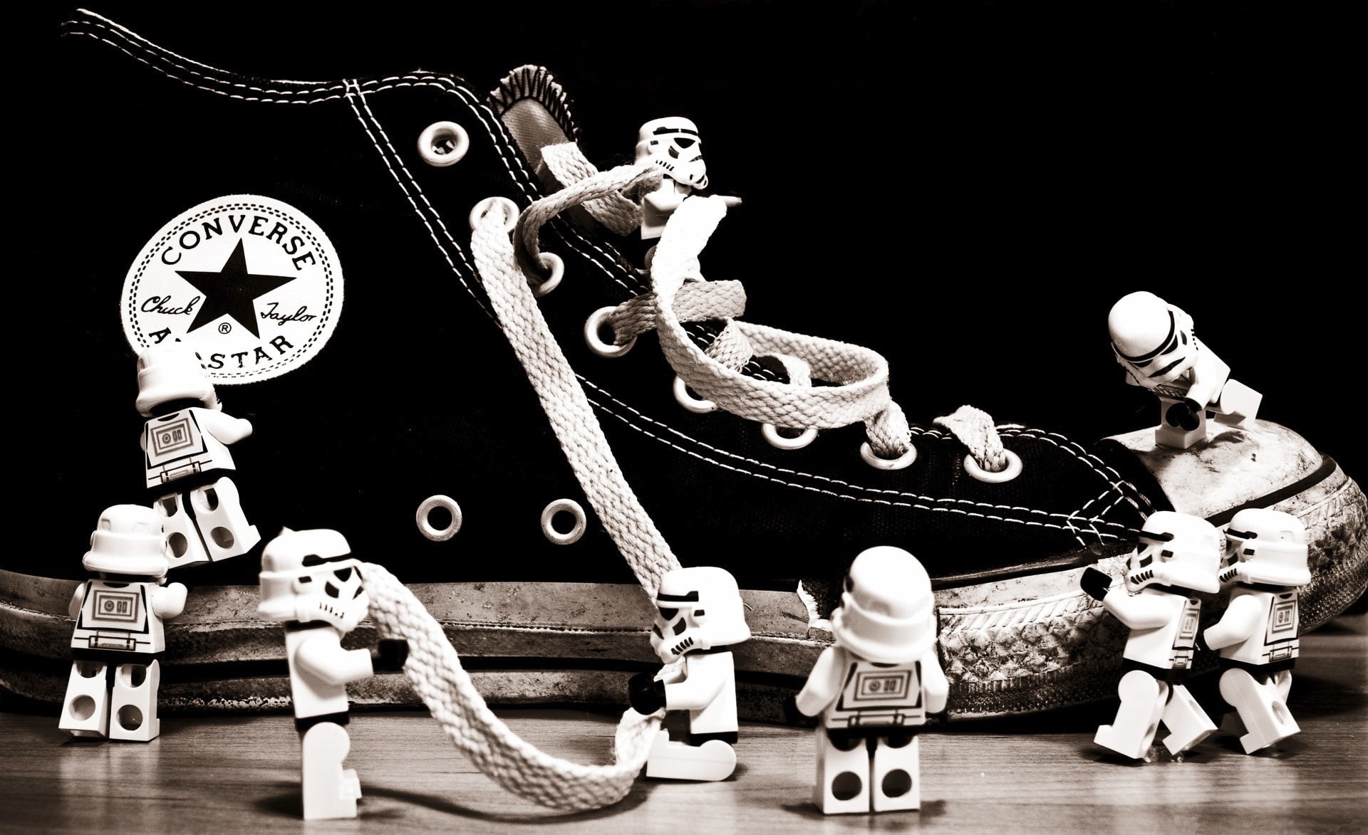 Movies/Star Wars, creativity, imperial stormtroopers, star, black background, time, table, converse, male likeness, shoe, human representation, indoors, HD Wallpaper