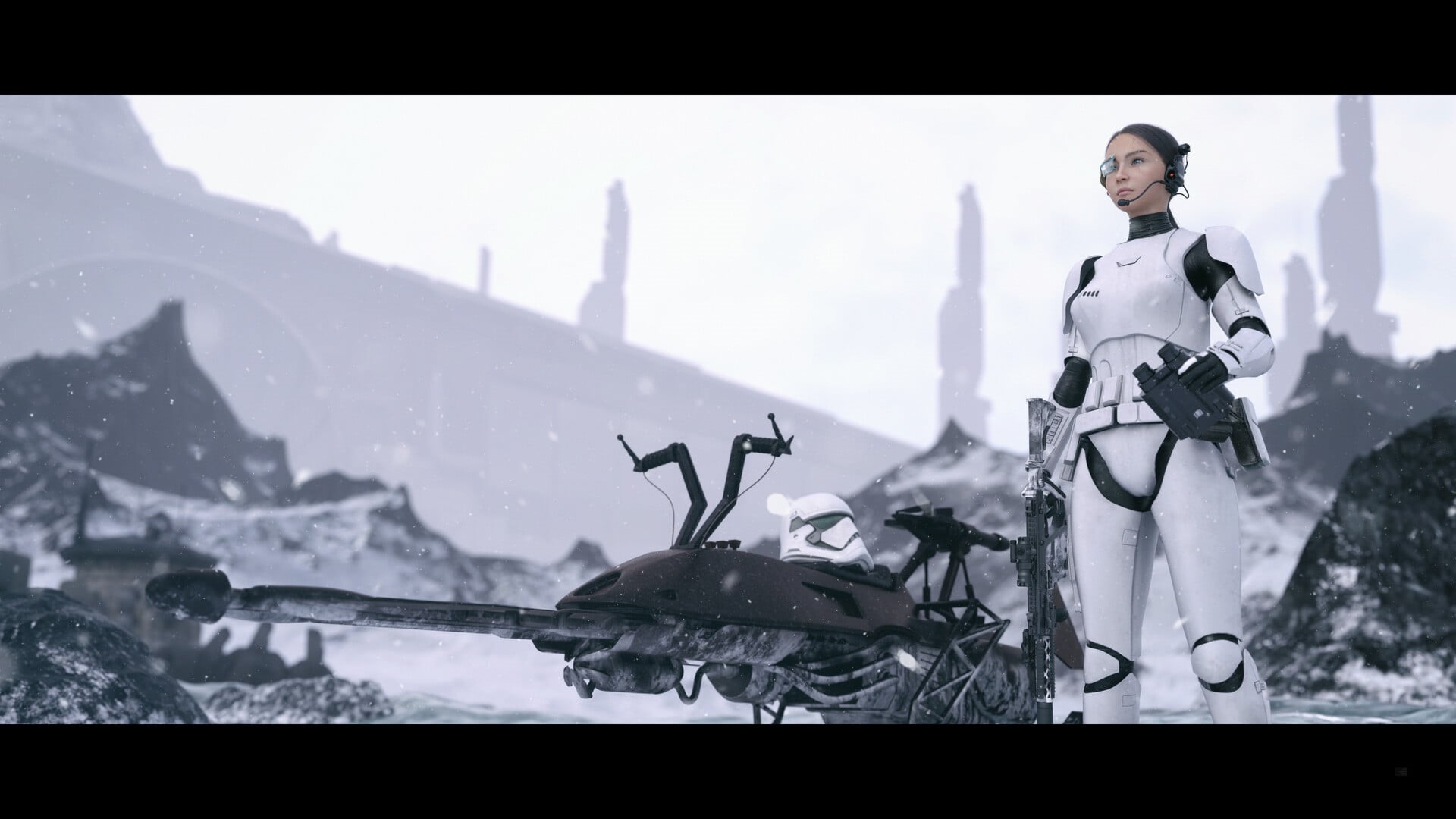 Star Wars, ice, 1080P, render, ArtStation, standing, stormtrooper, girls with guns, women, Imperial Forces, CGI, helmet, science fiction, speeder bike, HD Wallpaper