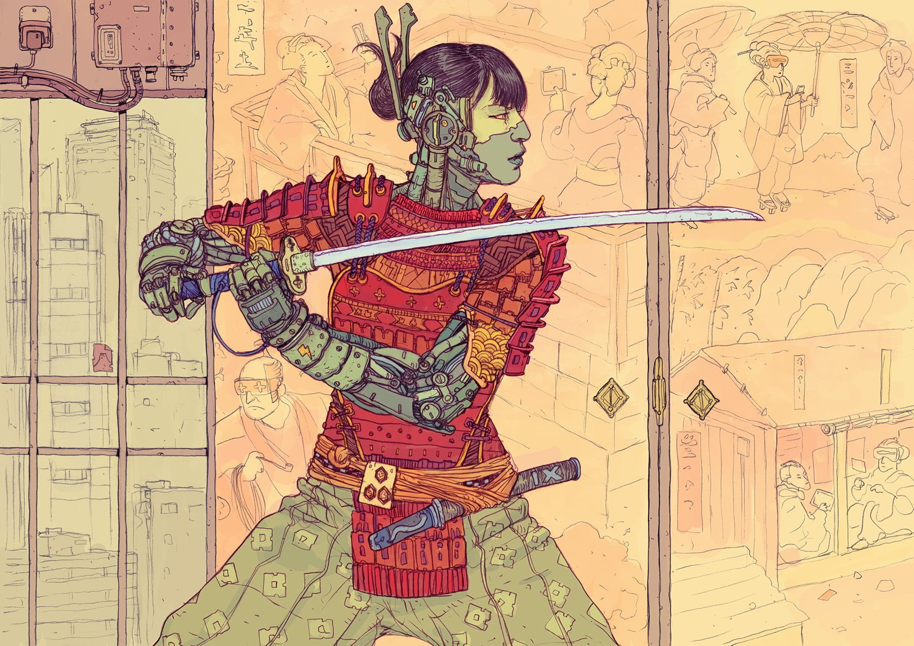 people, map, creativity, Asian, samurai, 720P, fan art, futuristic, human representation, design, exploration, cyberpunk, Josan Gonzalez, indoors, air vehicle, HD Wallpaper