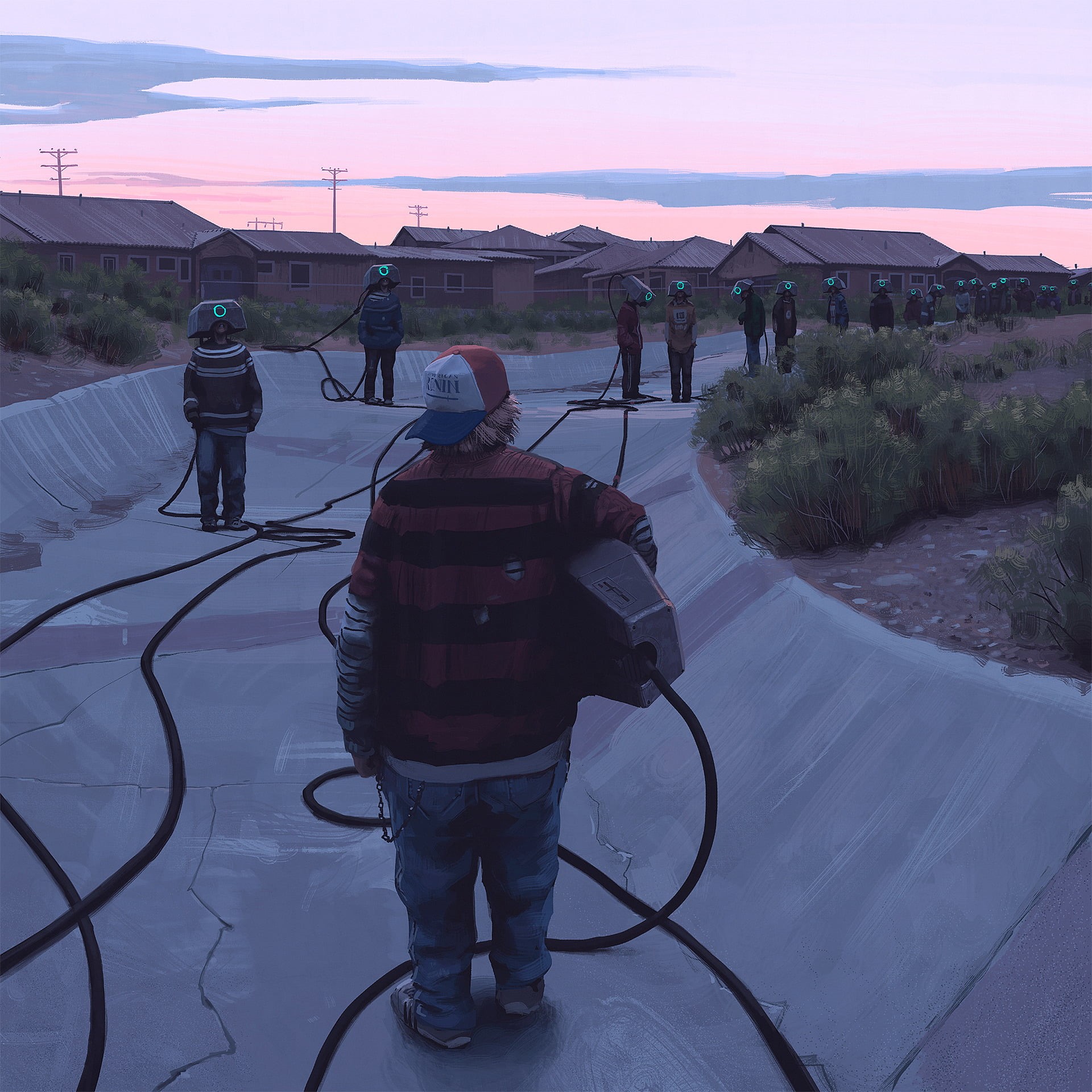 travel, artwork, environment, lifestyles, robot, water, group of people, 1080P, nature, sky, apocalyptic, digital painting, rear view, real people, Simon Stålenhag, Phone HD Wallpaper
