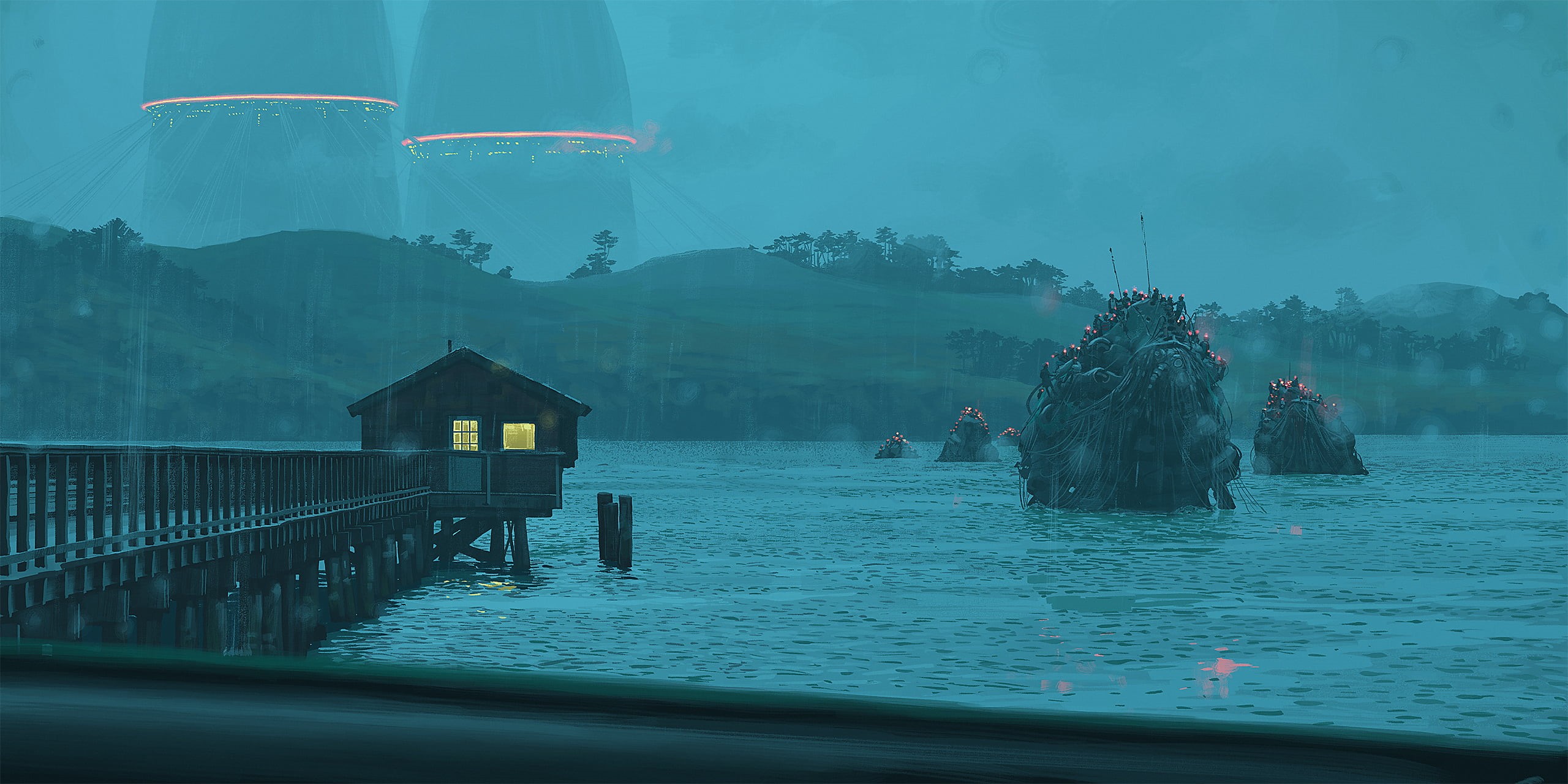 Simon Stålenhag, digital painting, cyberpunk, apocalyptic, 2K, Robots, science fiction, robot, HD Wallpaper