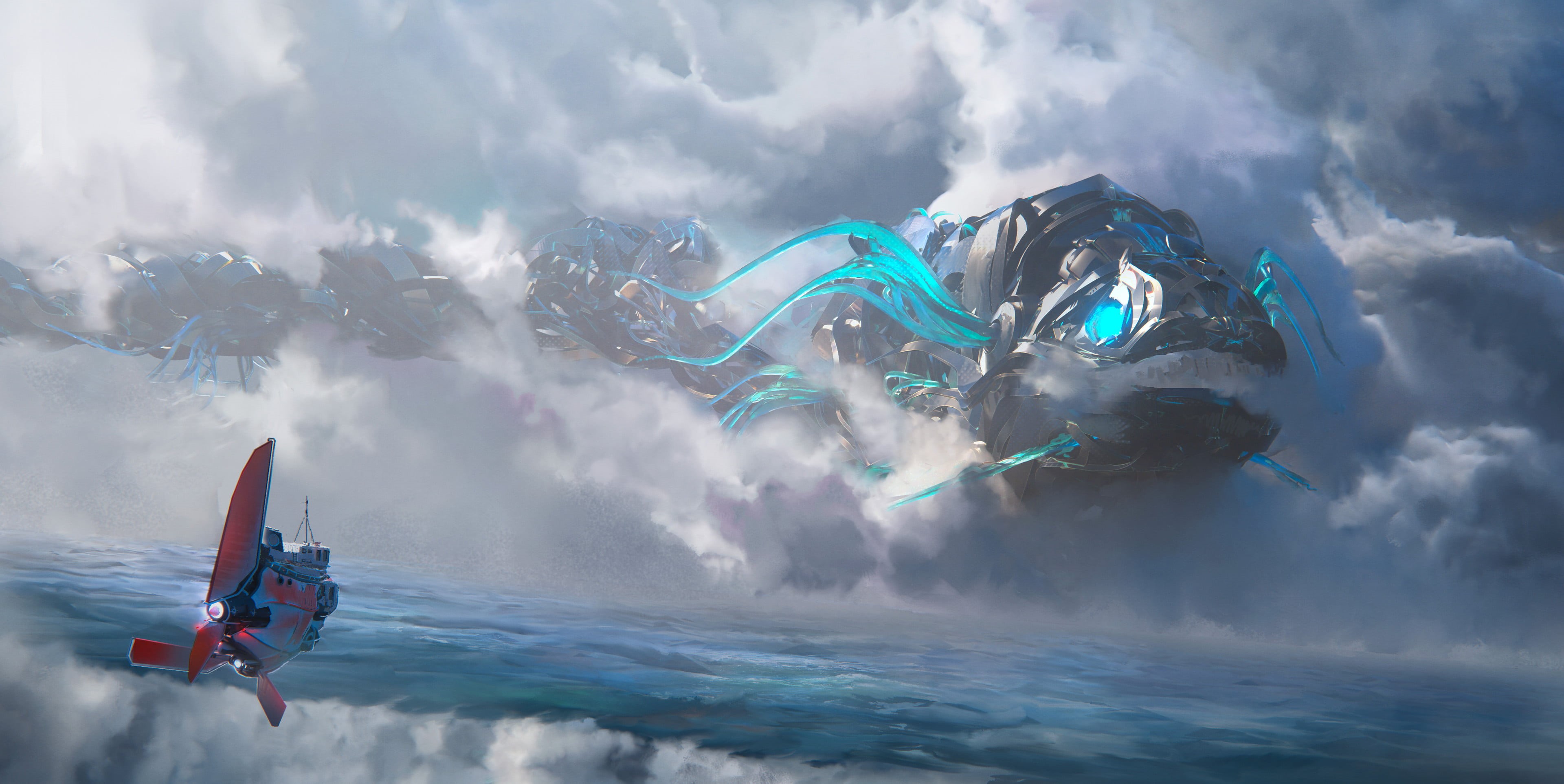 Leon Tukker, fish, ship, sea, digital art, 4K, clouds, science fiction, HD Wallpaper