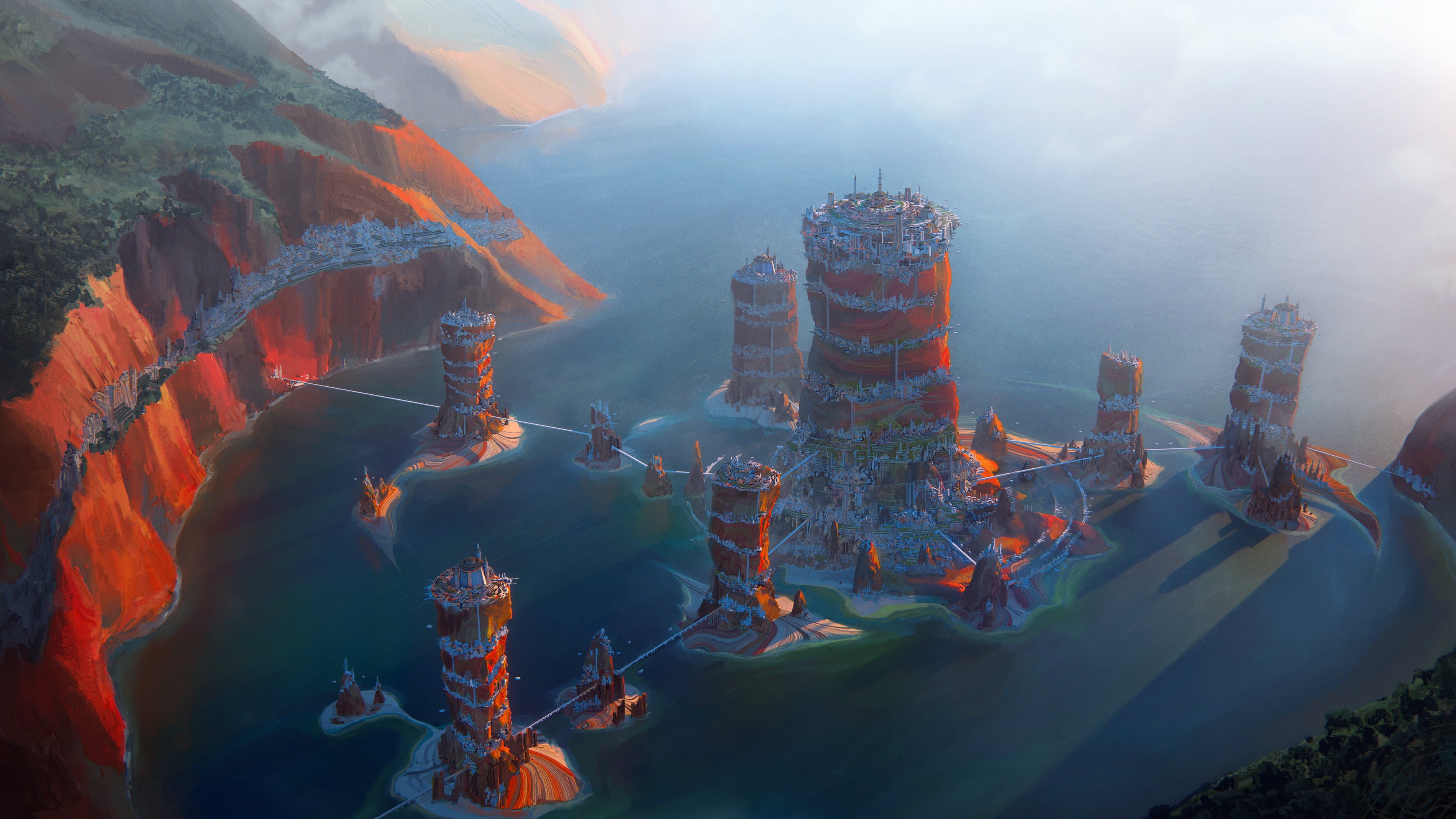 Leon Tukker, futuristic city, digital art, science fiction, 2K, sea, cliff, HD Wallpaper