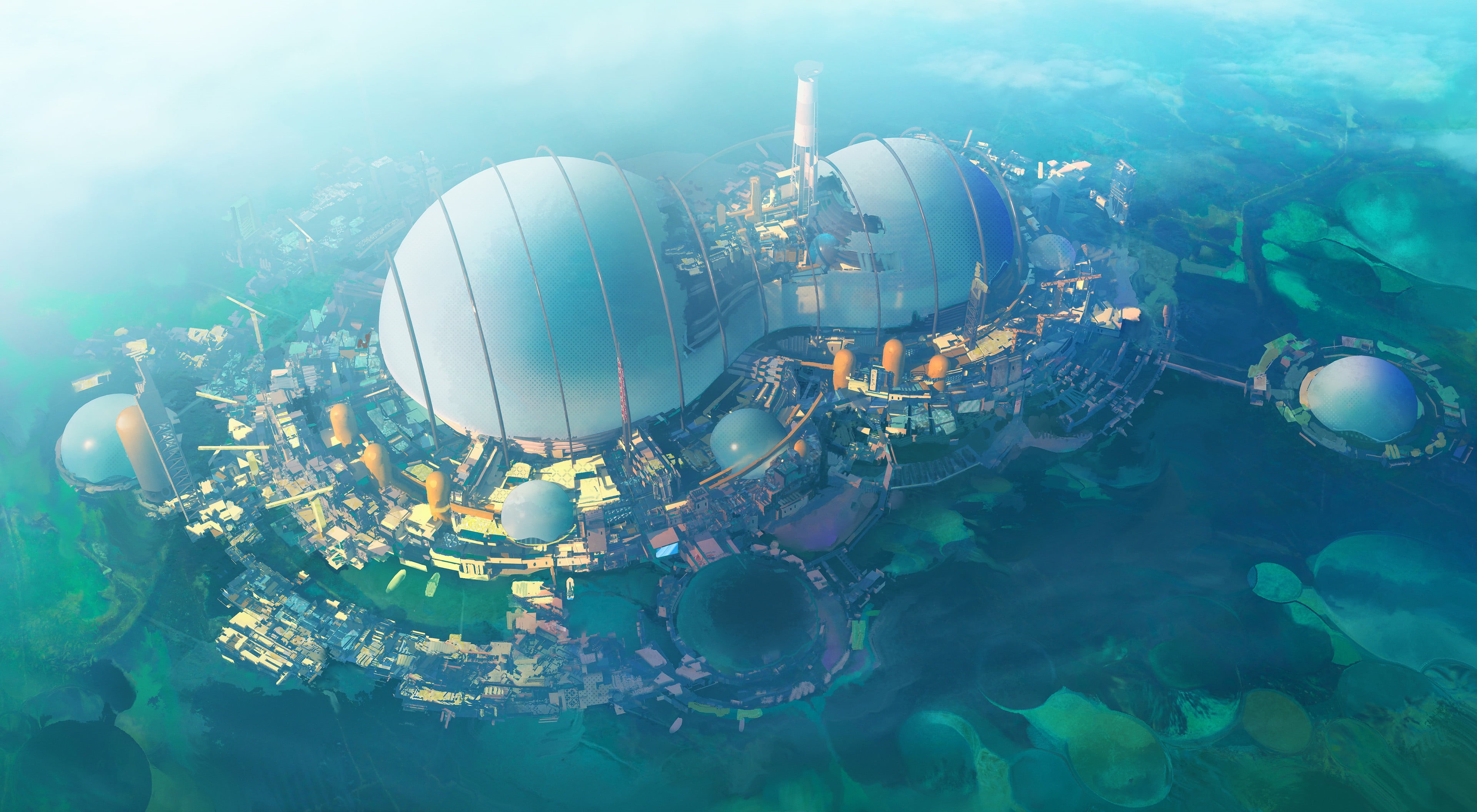 sea, digital art, science fiction, Leon Tukker, cityscape, 4K, city, dome, HD Wallpaper