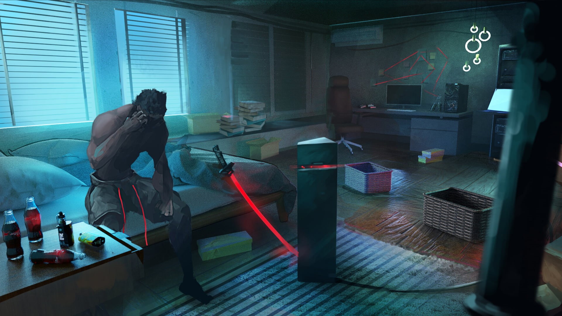 katana, Dark Cyberpunk, 1080P, game art, cyberpunk, room, Cyberpunk 2077, HD Wallpaper