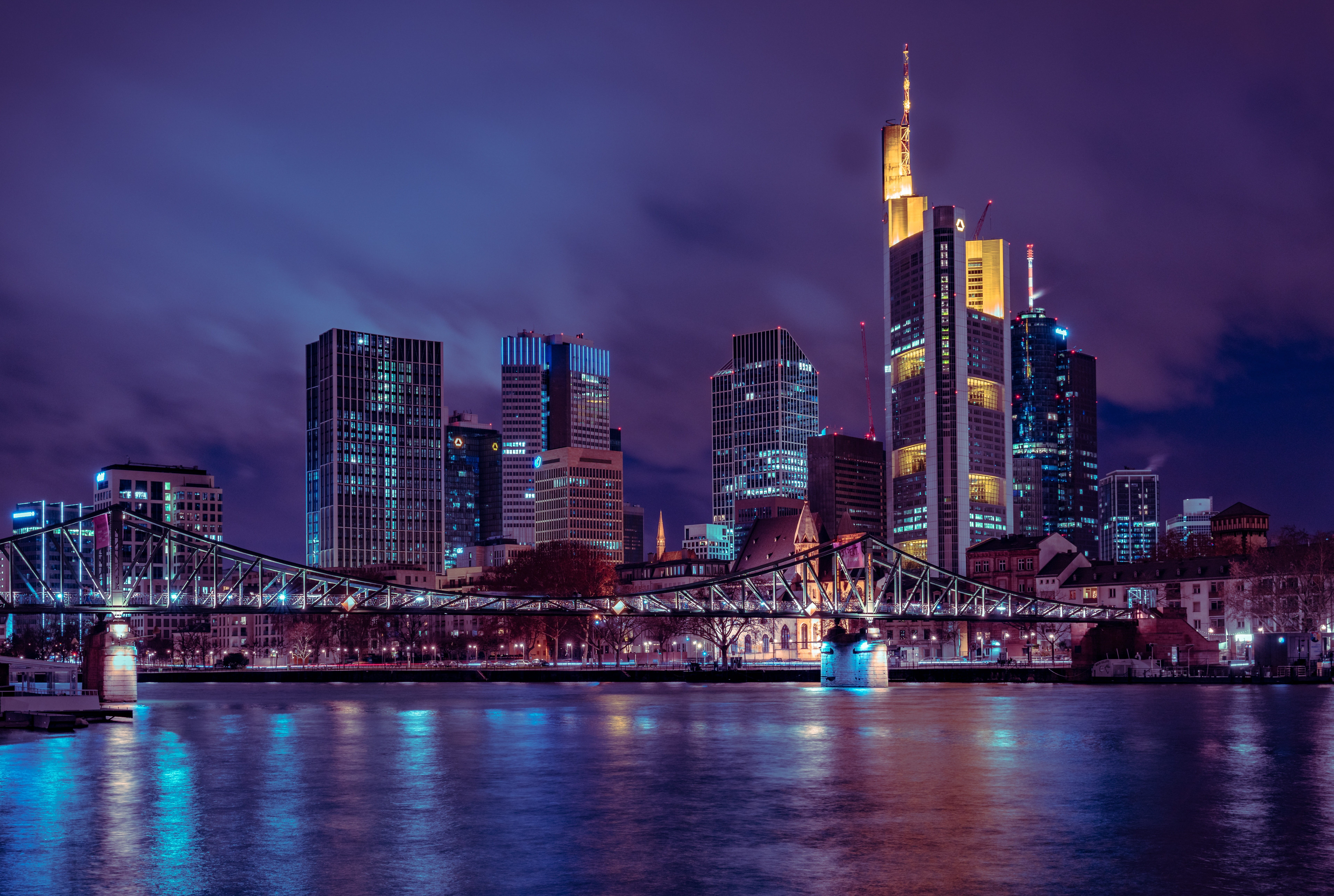 cityscape, lights, cyberpunk, mirroring, church, germany, water, building, waterfront, night, spire, frankfurt, financial district, illuminated, landscape, HD Wallpaper