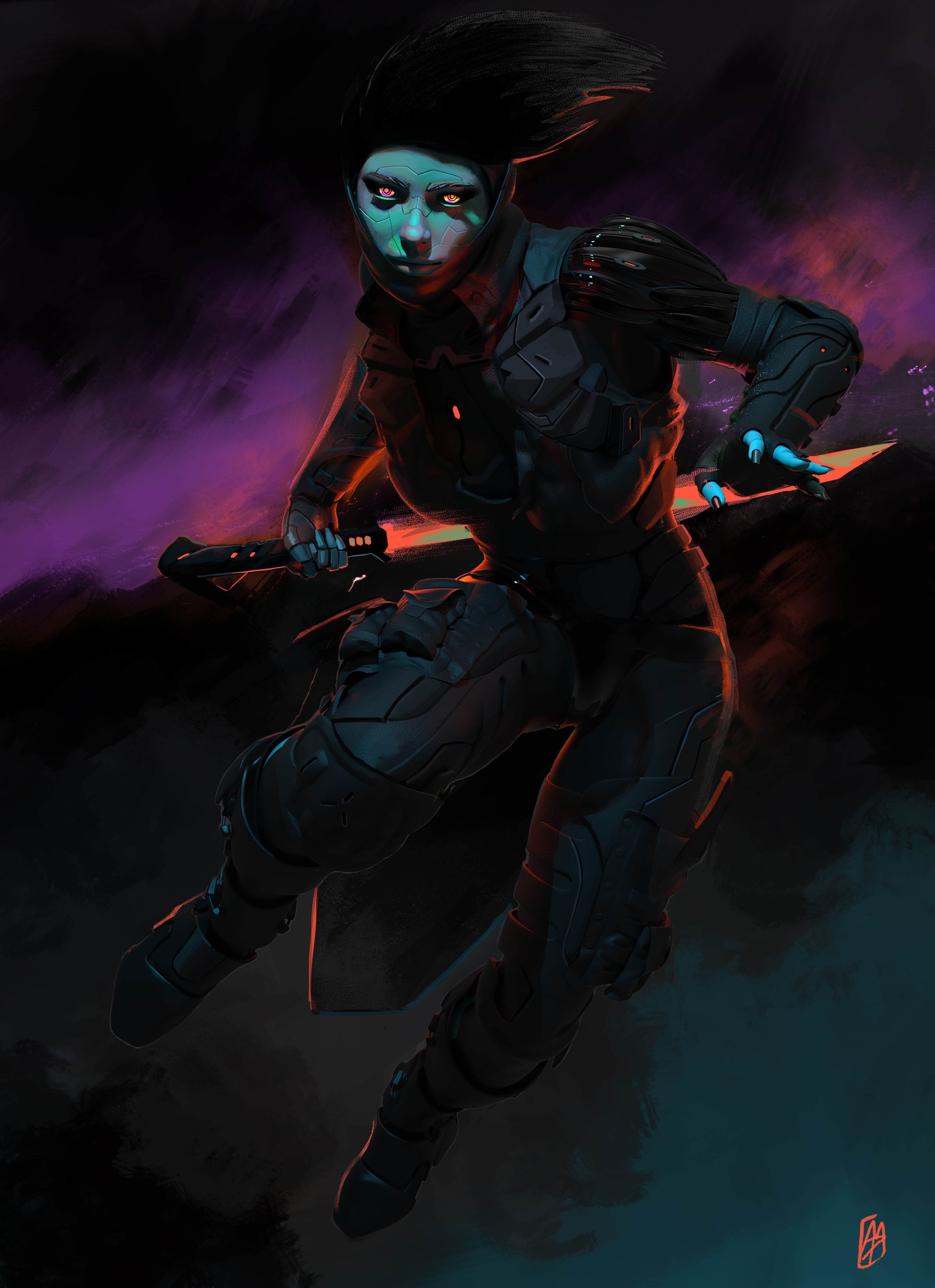 digital painting, painting, looking at viewer, 5K, digital art, drawing, women, cyberpunk, illustration, sword, cyborg, armor, dark, artwork, futuristic, Phone HD Wallpaper