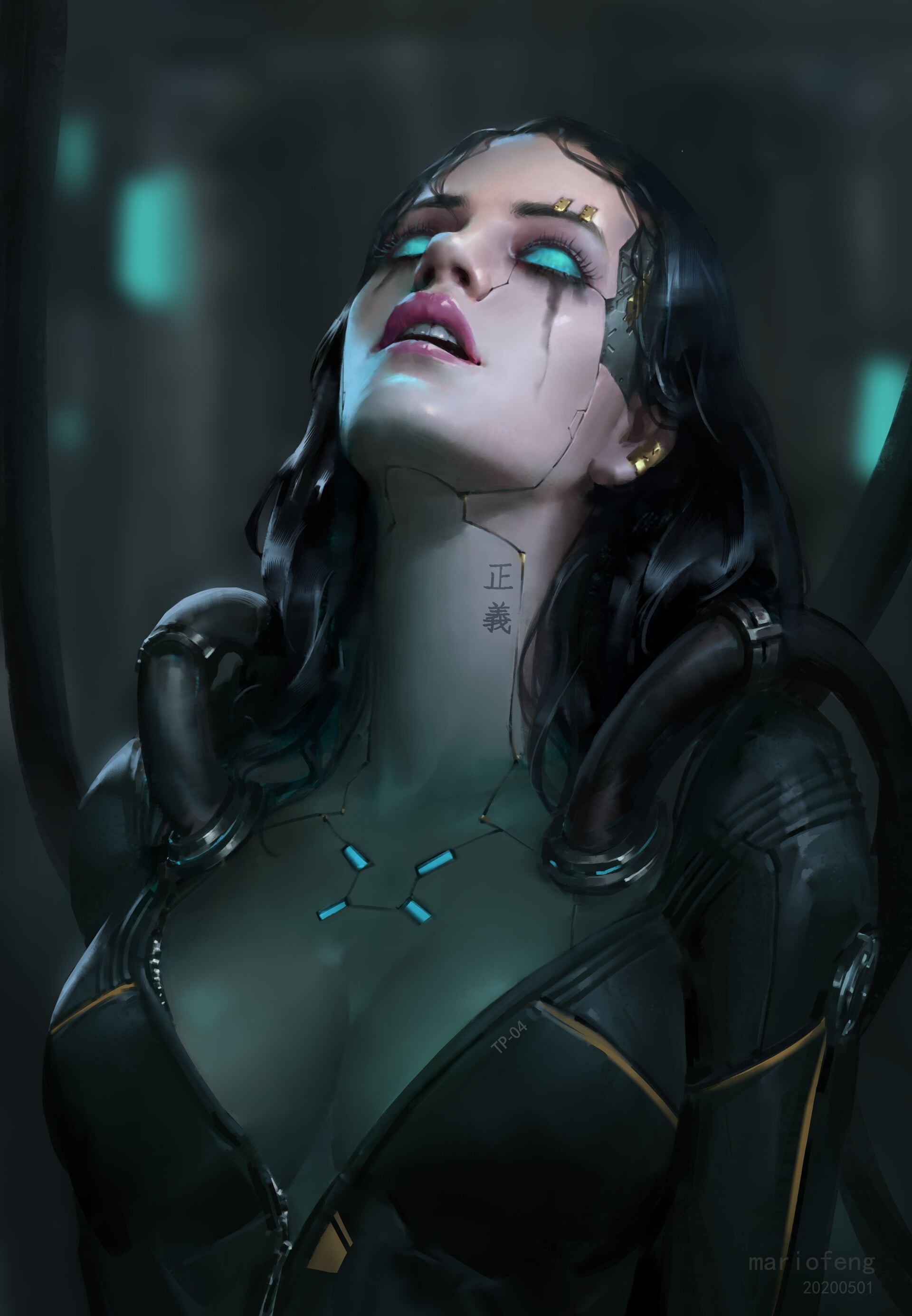 Mario Feng, open mouth, video game art, cyberpunk, blue eyes, cleavage, dark hair, cyborg, digital art, digital painting, ArtStation, women, 2K, portrait display, Phone HD Wallpaper
