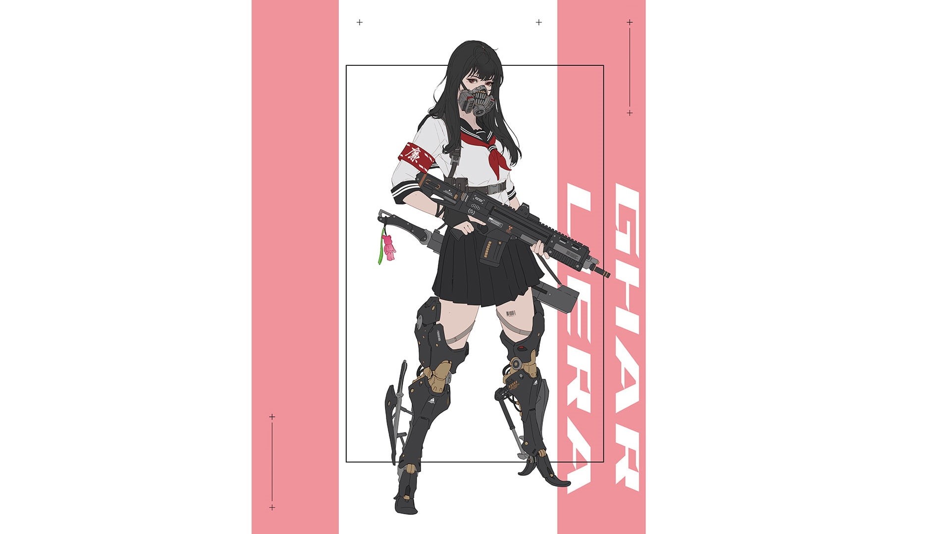 simple background, cyberpunk, mask, dark hair, anime, anime girls, weapon, 1080P, machine gun, HD Wallpaper
